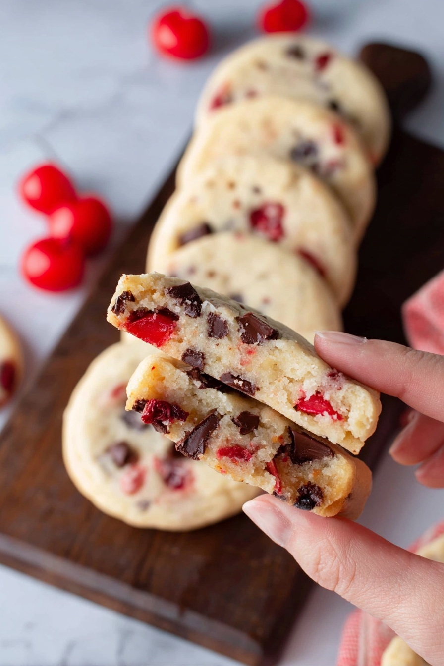 A woman's hand holds a cookie broken in half, showing a soft, pale beige inside with bright red cherry pieces and dark brown chocolate chunks spread throughout. Behind, a row of six whole round cookies with similar colors and textures is arranged on a dark wooden board on top of a white marbled surface. Bright red cherries are placed near the cookies in the background. The cookie surface looks smooth with bits of cherry and chocolate visible. Photo taken with an iphone --ar 2:3 --v 7 - Maraschino Cherry Shortbread Cookies, cherry shortbread cookie recipe, holiday shortbread cookies, easy shortbread with cherries, buttery cherry cookies
