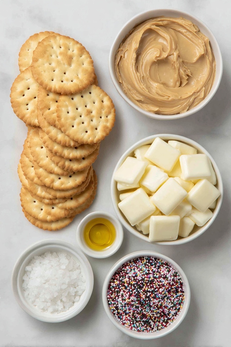 Flat lay of a neat stack of golden Ritz Crackers showing their distinct round shape and perforated pattern, a small white ceramic bowl filled with smooth creamy peanut butter, a simple white ceramic bowl holding glossy white chocolate melting wafers, a tiny white bowl containing a rich golden drizzle of coconut oil, a small white ceramic bowl of vibrant multicolored festive holiday sprinkles, and a delicate white ceramic dish with coarse flaky sea salt crystals scattered inside, all arranged in perfect symmetry on a clean white marble surface, soft natural light, photo taken with an iPhone, professional food photography style, fresh ingredients, white ceramic bowls, no bottles, no duplicates, no utensils, no packaging --ar 2:3 --v 7 --p m7354615311229779997 - White Chocolate Peanut Butter Ritz Cookies, no-bake cookie recipes, salty-sweet treats, easy cookie ideas, festive holiday cookies