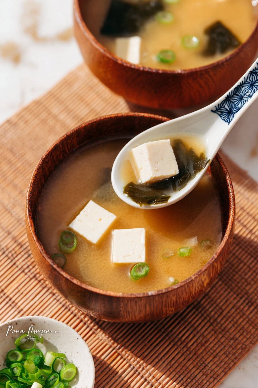 A close-up view of two wooden bowls filled with light brown miso soup. The bowl in the front has three pieces of soft, white tofu floating in the soup along with some small green onion slices and a piece of dark green seaweed. Above this bowl, a white ceramic spoon with a blue rim holds a cube of tofu, some green onions, and a piece of seaweed, all covered in the light brown soup. The background shows the second wooden bowl with tofu cubes and green onions, placed on a light brown textured mat, with a small white dish containing chopped green onions visible at the bottom left corner. The photo is taken on a white marbled surface. Photo taken with an iphone --ar 2:3 --v 7 - Easy Miso Soup with Tofu and Wakame, miso soup recipe, vegetarian miso soup, quick Asian soup, healthy tofu soup
