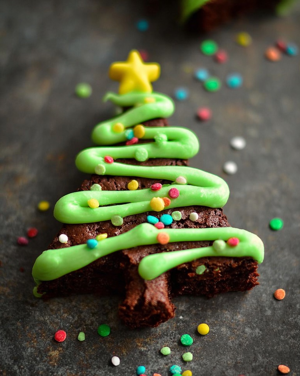 The image shows a triangular chocolate brownie shaped like a Christmas tree, placed on a dark surface with scattered colorful round sprinkles around it. The brownie has one thick layer with a rough texture and a zigzagged swirl of bright green frosting on top, mimicking the tree’s garland. The frosting is smooth and shiny, and it is decorated with small, round, multicolored candy sprinkles. A small, yellow star-shaped candy sits at the top of the brownie tree. Photo taken with an iphone --ar 4:5 --v 7