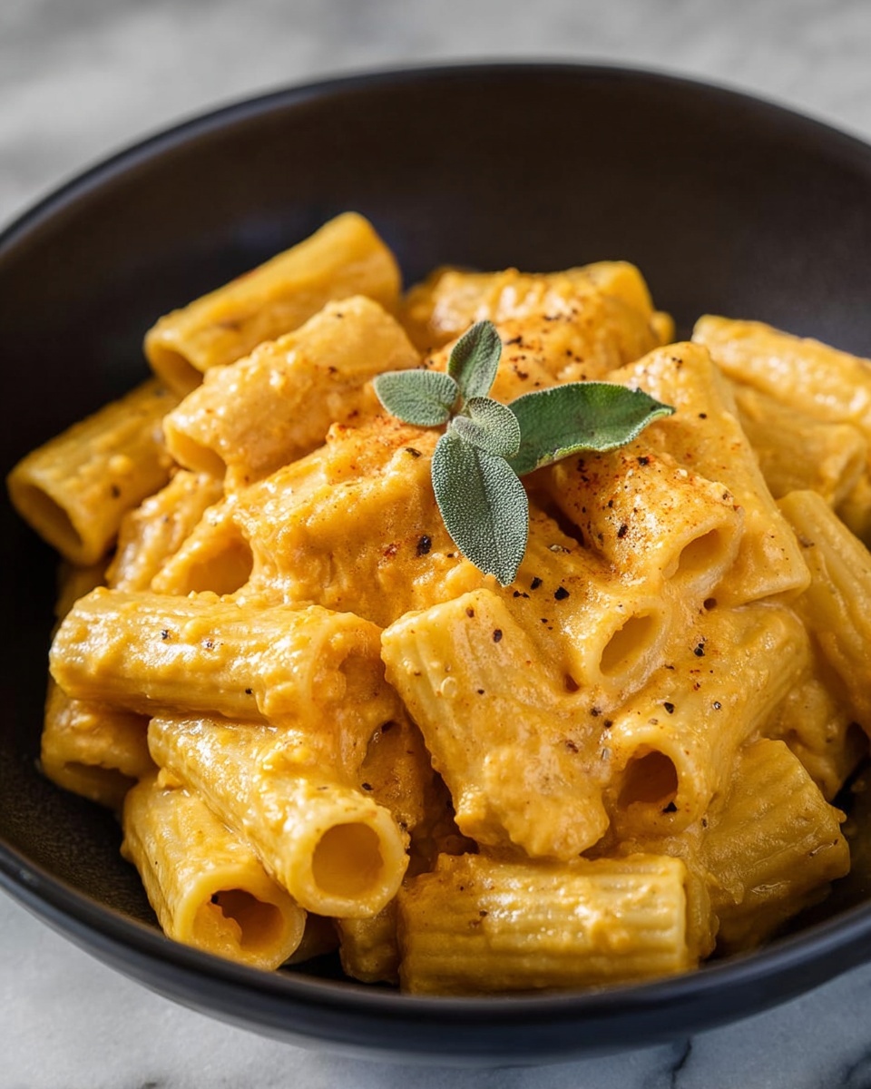 The image shows two views of rigatoni pasta covered in a thick, creamy yellow sauce served in a white bowl. The rigatoni has ridges and a firm texture, with the sauce coating each piece well, giving the pasta a shiny and smooth appearance. In the first view, the pasta is topped with a single small green leaf in the center, adding a touch of color contrast. The second view shows grated white cheese being sprinkled over the pasta, creating a soft, fluffy layer of cheese on top. The bowl sits on a white marbled surface with a few forks and a striped cloth in the background, adding a cozy kitchen feel. The lighting highlights the rich textures of the sauce and the cheese photo taken with an iphone --ar 4:5 --v 7