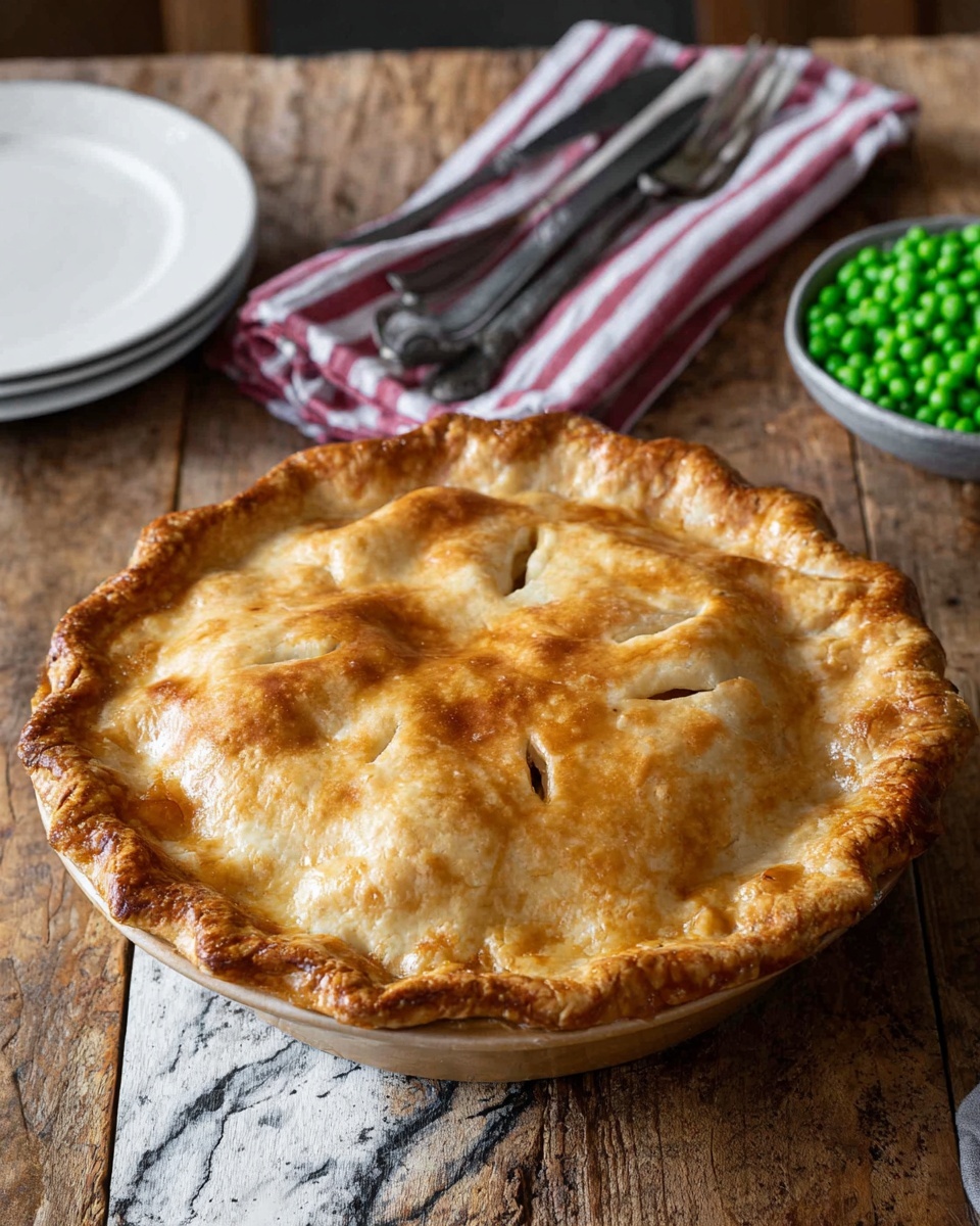 A golden brown pie with a thick, flaky crust sits at the center of the image. It has a slightly crimped edge and a few small slits on top for steam to escape. The pie is on a rustic wooden table with a white marbled texture. To the upper left, part of a white plate is visible. Behind the pie, there is a folded red and white striped cloth with silver serving utensils resting on top, and to the right, a bowl filled with bright green peas adds a fresh pop of color. The overall look is warm and inviting, photo taken with an iphone --ar 4:5 --v 7