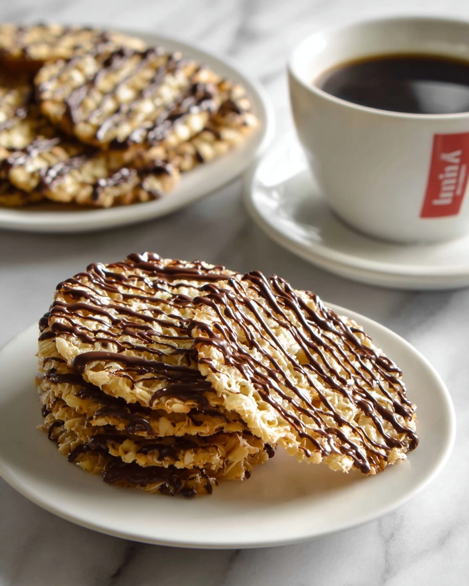 A close-up of a woman's hand holding a round, thin cookie with a bite taken out of it, showing a dark chocolate layer inside; the cookie has a light brown, crispy texture with dark chocolate drizzle on top in diagonal lines. Below, there is a white bowl filled with more of the same cookies, slightly blurred. In the background, a white cup of black coffee is seen on a white saucer, all set on a dark wooden surface with a white marbled texture. photo taken with an iphone --ar 4:5 --v 7