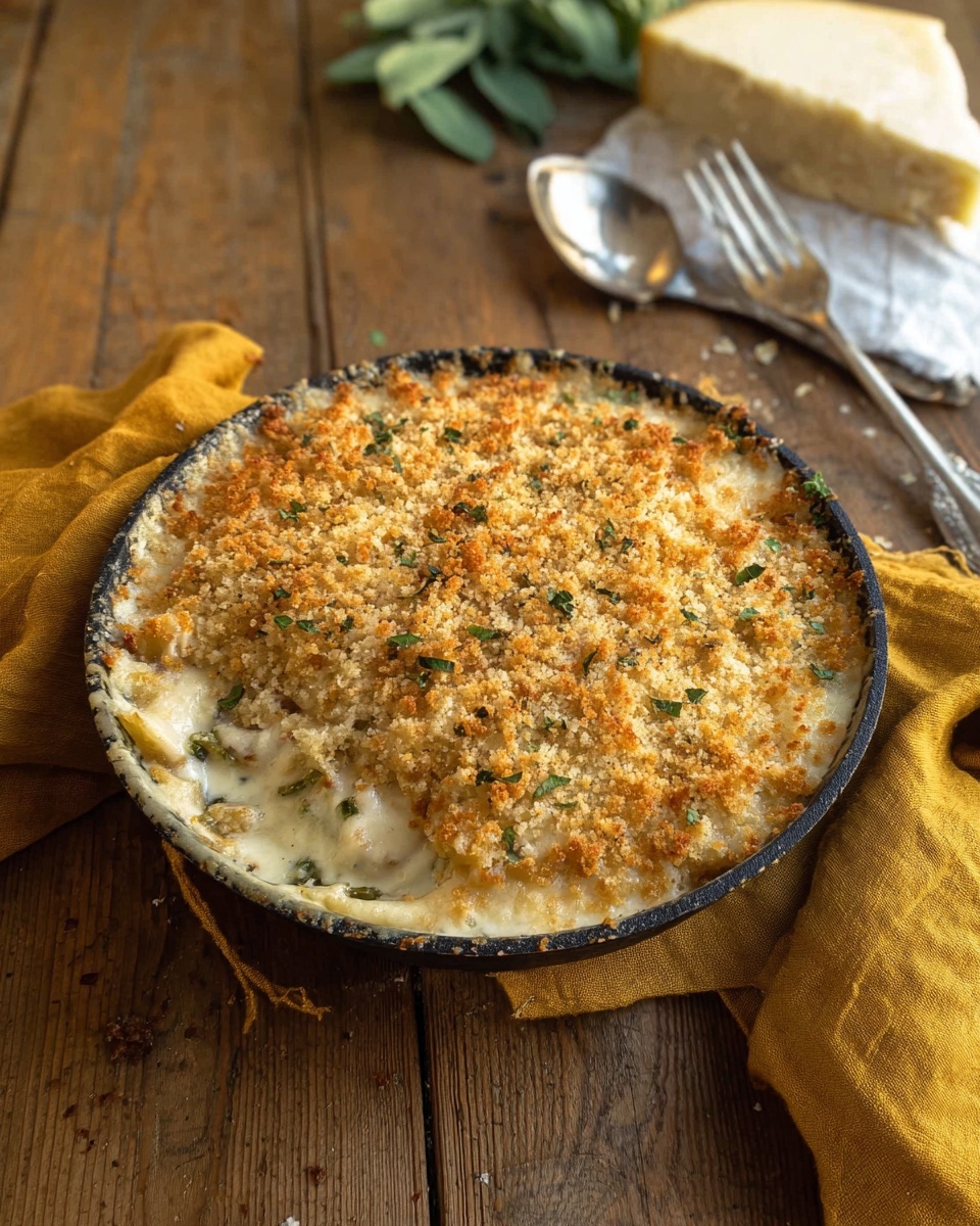 The dish is in a dark skillet, showing three main layers. The bottom layer is creamy and white with a thick sauce texture, visible around the edge where some is scooped out. The middle layer is bright orange, soft and smooth, likely mashed vegetables. The top layer is a crumbly golden-brown crust with small green herb bits spread thin and evenly across the surface. The skillet rests on a white marbled texture surface. photo taken with an iphone --ar 4:5 --v 7