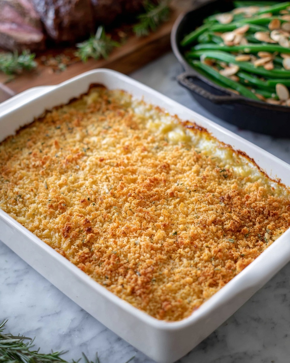 A white rectangular baking dish filled with a thick casserole showing one main layer topped with a golden brown, crispy breadcrumb and cheese crust that covers the entire surface evenly. The edges have slight browning where the cheese has baked more, and the texture appears crunchy and firm. In the blurred background, there is a black skillet with green beans topped with slivered almonds and a wooden cutting board with roasted meat and green herbs. The setup sits on a white marbled surface. photo taken with an iphone --ar 4:5 --v 7