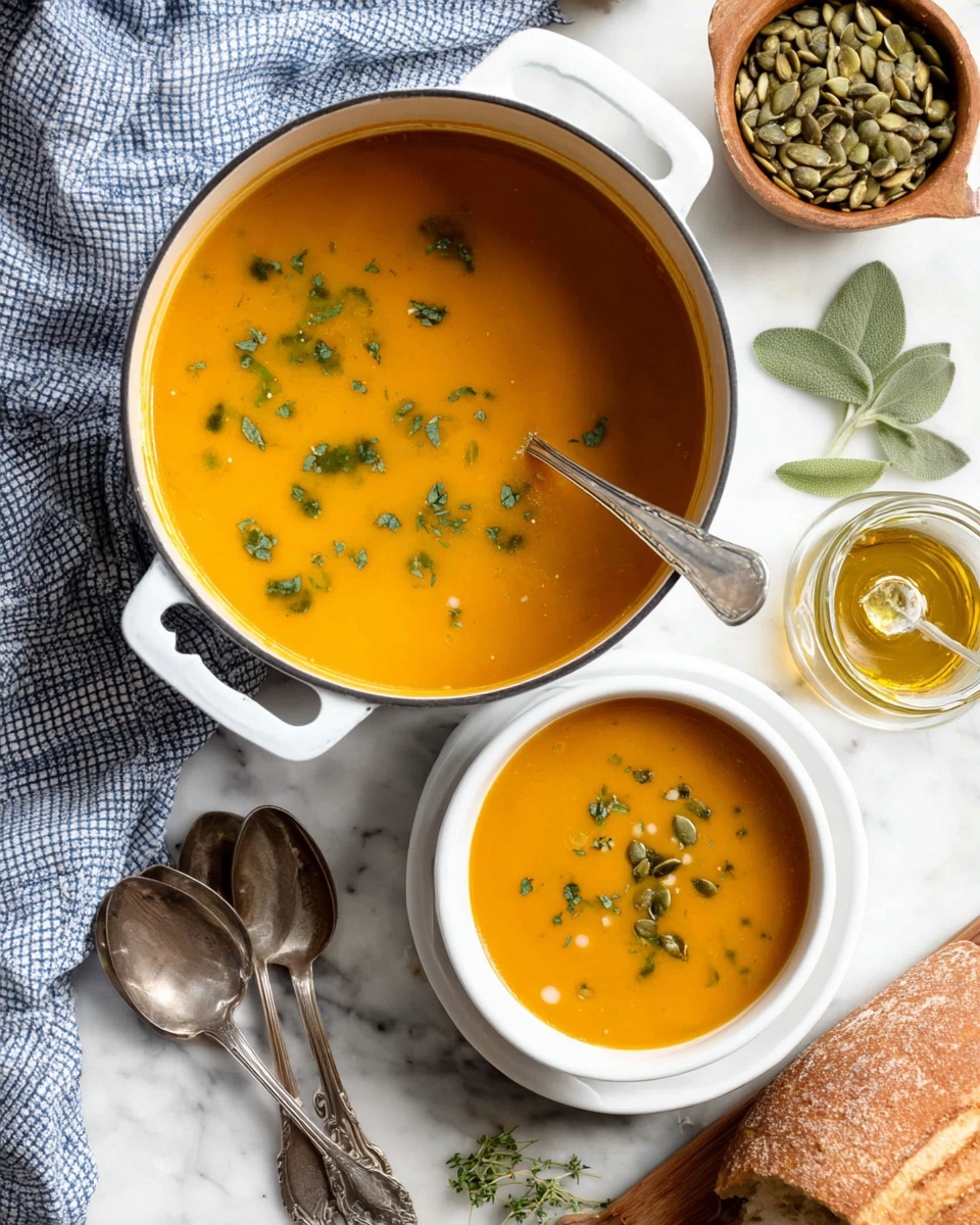 A large white pot filled with smooth, deep orange soup topped with scattered green herb pieces sits on a white marbled surface, accompanied by a white bowl stacked inside a slightly larger white bowl with the same soup and herb garnish, featuring a silver spoon resting inside. Beside the pot, two antique silver spoons lie on the surface next to a wooden bowl filled with green pumpkin seeds, fresh green sage leaves, a small glass jar of oil, and part of a brown bread loaf. A blue and white checkered cloth is draped nearby. Photo taken with an iphone --ar 4:5 --v 7