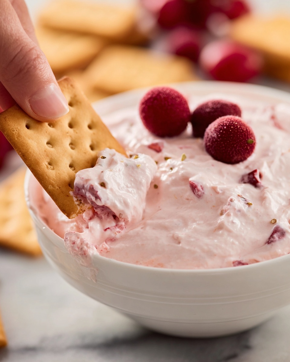 A close-up view of a white bowl filled with smooth, light pink creamy dip that has small bits of darker red fruit mixed in, topped with three whole red berries. A rectangular light brown cracker with small holes is dipped in the creamy layer, held by a woman's hand with light skin tone, showing the creamy pink dip clinging to the cracker. The background features a white marbled surface with blurred additional crackers and berries visible. photo taken with an iphone --ar 4:5 --v 7
