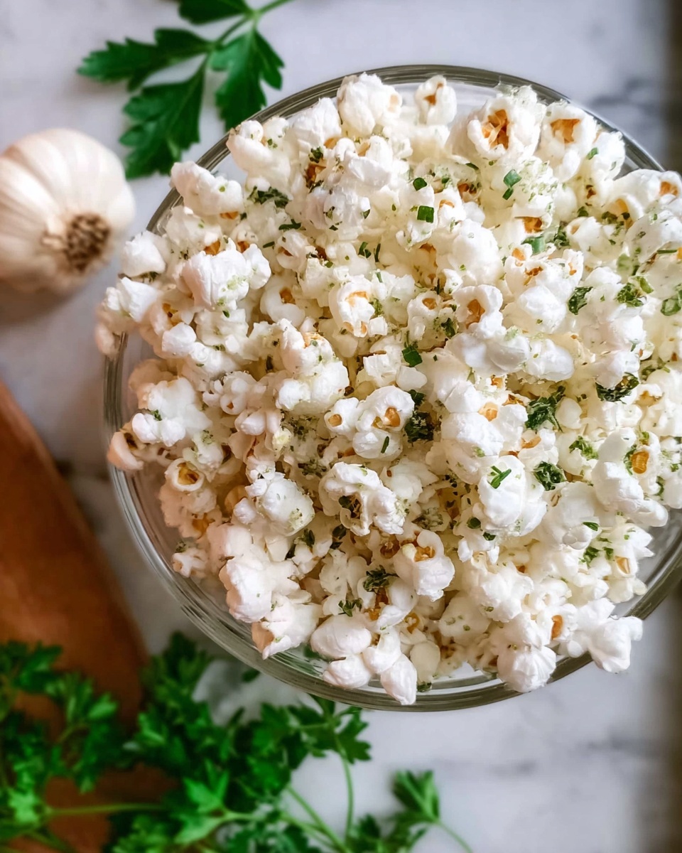 A clear glass bowl filled with white popcorn sprinkled with green herbs sits on a wooden surface. The popcorn pieces are fluffy with some light brown spots and scattered around the bowl. In front of the bowl, there is a white bowl filled with finely ground seasoning that looks white and green. Around the bowls, there are fresh green parsley leaves and whole garlic bulbs placed on the wooden surface. The background is a white marbled texture. Photo taken with an iphone --ar 4:5 --v 7