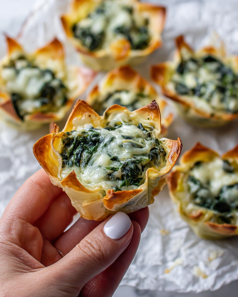 The image shows small bite-sized cups made from lightly browned, crispy pastry layers shaped like flowers, each filled with a creamy mixture of dark green spinach and melted white cheese. The spinach filling looks tender and slightly glossy, sitting thickly inside the golden edges of the cups. A woman's hand with pale nail polish is holding one cup close to the camera, highlighting the texture and layers. In the background, several similar cups are spread out on a crinkled white paper placed on a white marbled surface, adding contrast to the rich colors of the food. photo taken with an iphone --ar 4:5 --v 7