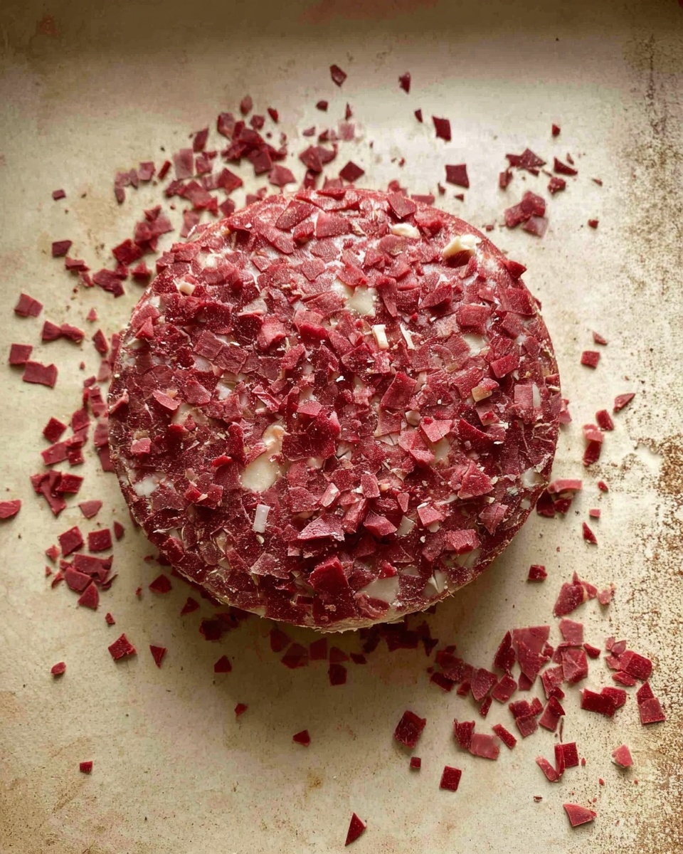 A round ball-shaped dish covered with small, thin, irregular red pieces all over its surface with some pieces scattered loosely around it, showing small bits of white and creamy layers underneath the red pieces; the dish sits on a beige, lightly worn surface. photo taken with an iphone --ar 4:5 --v 7