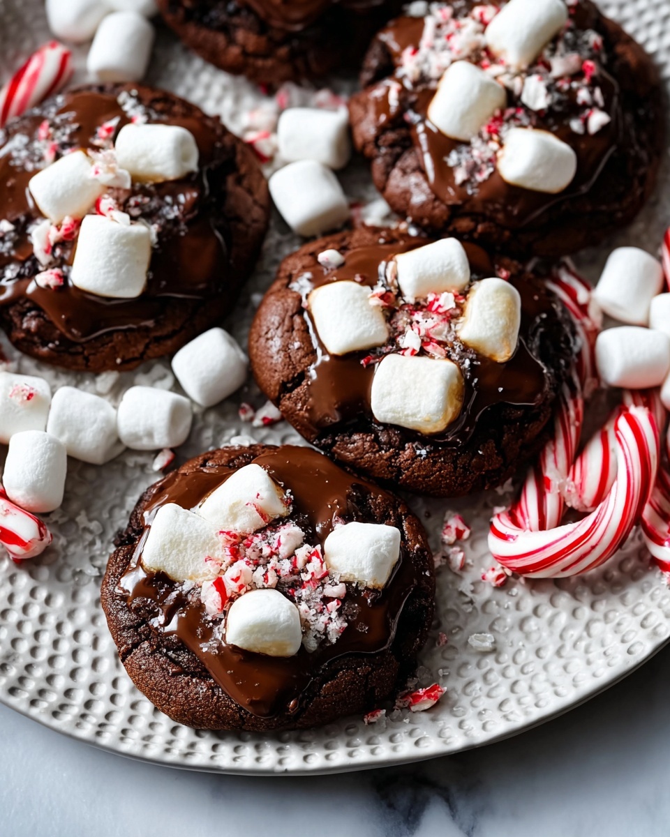 The image shows five chocolate cookies on a white plate with a textured pattern. Each cookie is topped with a layer of melted dark chocolate that looks glossy and thick. On top of the chocolate, there are large white marshmallows that are slightly melted and soft. Around the marshmallows, there are small pieces of crushed candy canes with white and red colors sprinkled evenly, adding a festive touch. The plate also holds some whole white marshmallows and a red and white striped candy cane on the side. The background is a white marbled surface. photo taken with an iphone --ar 4:5 --v 7