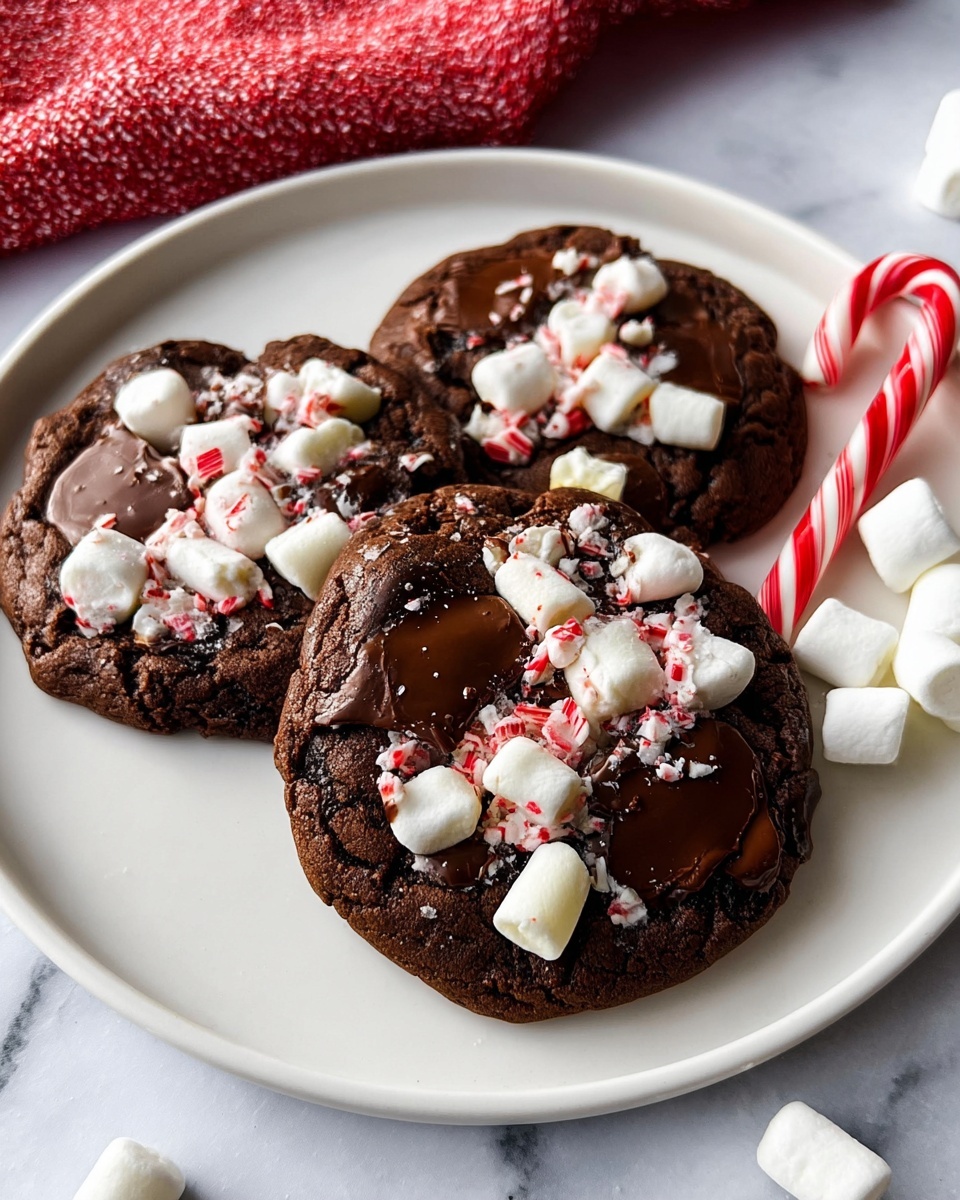 Three round dark brown chocolate cookies sit on a white plate, each topped with melted dark brown chocolate patches, soft white marshmallows, and small pieces of crushed red and white candy. The cookies have a cracked texture, and the toppings are unevenly spread on each one. A red and white striped candy cane lies on the white marbled surface next to the plate, along with some white marshmallows partially visible on the lower right side. Part of a red and white textured cloth is visible behind the plate. Photo taken with an iphone --ar 4:5 --v 7