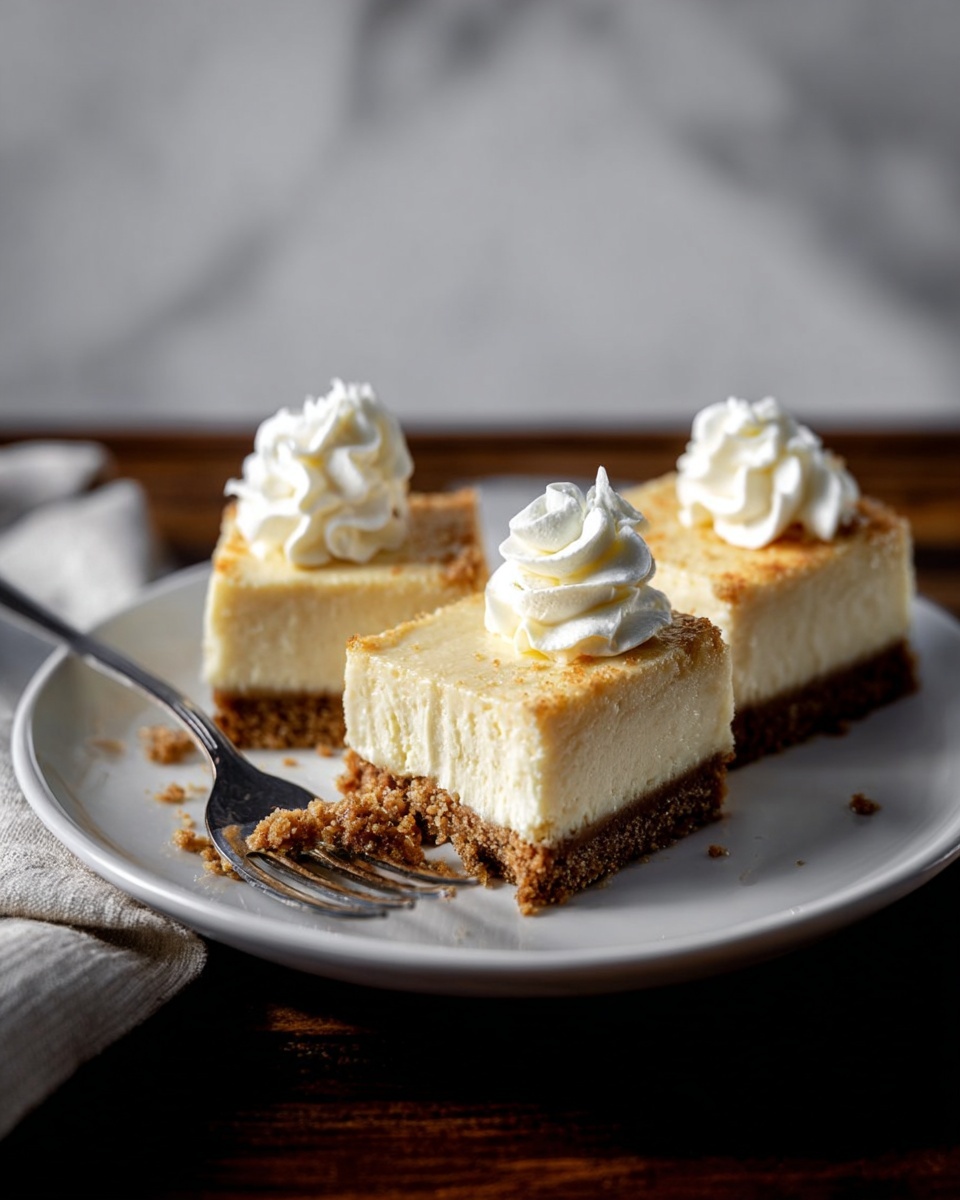 The image shows three small square cheesecake pieces on a white plate, each with two layers: a thick, smooth, creamy light yellow top layer and a thinner, crumbly, dark brown base layer. Each cheesecake piece is topped with a small swirl of white whipped cream with some fine brown specks. There are scattered crumbs around the cheesecake pieces on the plate, which sits on a white marbled texture surface with a dark, blurred background. Photo taken with an iphone --ar 4:5 --v 7