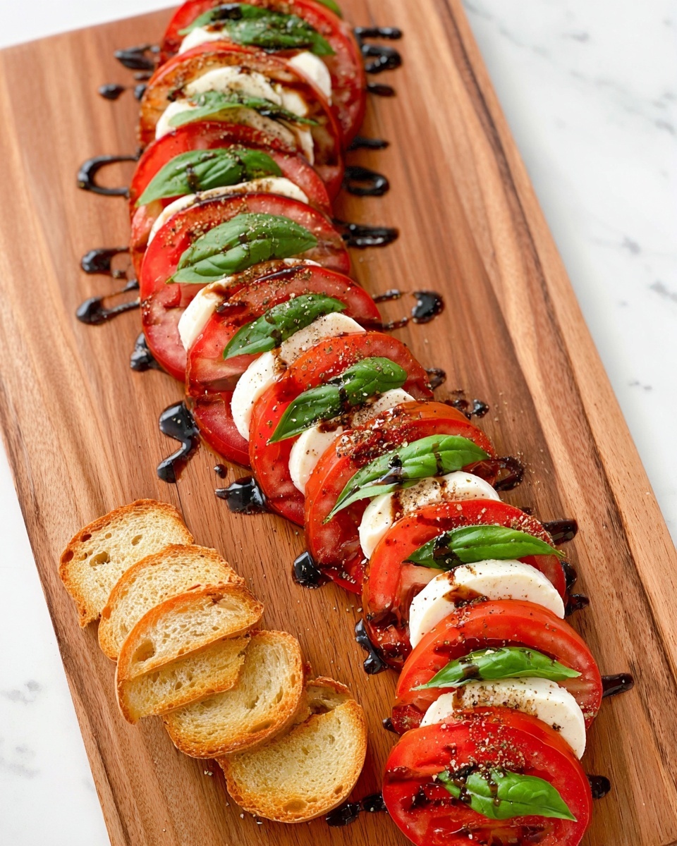A wooden board with a curved row of alternating red tomato slices, white mozzarella slices, and green basil leaves, each layer neatly stacked one on top of the other, drizzled with dark balsamic glaze and sprinkled lightly with coarse salt and black pepper. Below the curved line of this salad, a small stack of golden brown toasted bread slices is placed. The wooden board sits on a white marbled surface photo taken with an iphone --ar 4:5 --v 7