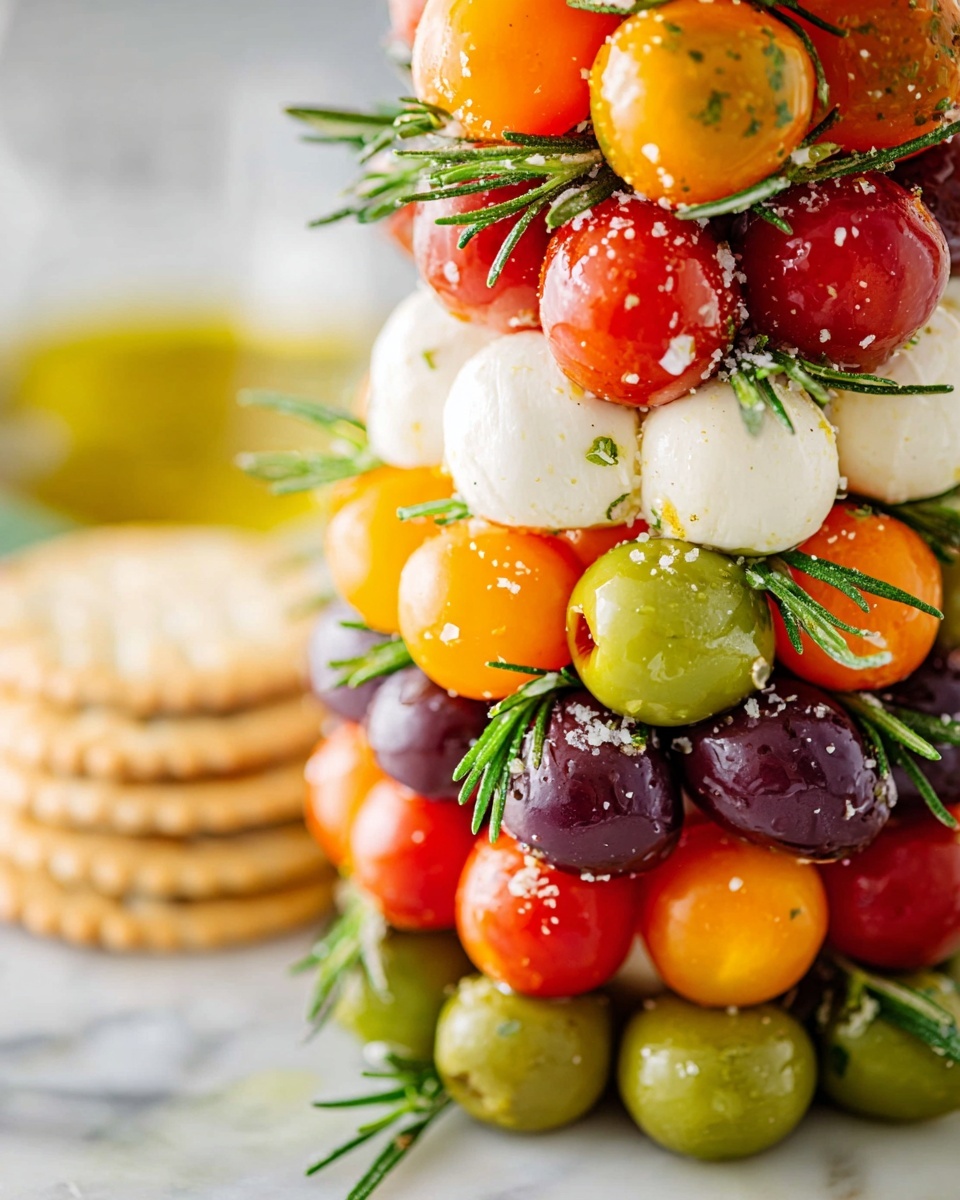 This image shows a tall, cone-shaped tower made from layers of colorful olives, small white mozzarella balls, red cherry tomatoes, yellow cherry tomatoes, and green pepperoncini peppers, all carefully stacked. Sprigs of green rosemary are placed throughout the tower to add texture and color contrast. The tower sits on a wooden board with more green olives, rosemary sprigs, and a few slices of white baguette bread arranged around the base. Off to one side, there is a neat stack of round, thin slices of pepperoni. The whole scene is set on a white marbled surface with a plain, light gray background. Photo taken with an iphone --ar 4:5 --v 7