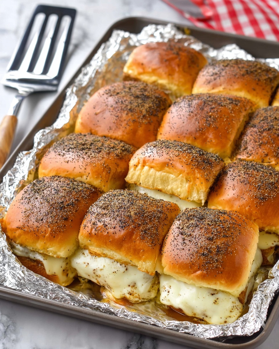 The image shows a baking tray lined with foil holding eight sliders arranged in two rows of four. Each slider has two layers of soft, golden brown sandwich buns sprinkled generously with black poppy seeds on top. Between each bun pair, there is a layer of melted white cheese that slightly oozes and covers the bottom bun. The edges of the buns have a light, shiny texture, showing they are freshly baked. In the background, there is a metal spatula with a black handle resting on a white marbled surface. Photo taken with an iphone --ar 4:5 --v 7