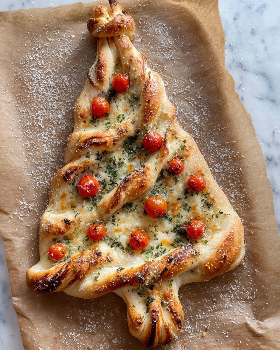 This image shows a baked pizza dough shaped like a Christmas tree on brown parchment paper. The tree has several twisted dough branches on each side that are golden brown and slightly crispy. The main body of the pizza is pale golden with scattered green herbs and a light dusting of white cheese or flour. Small round red cherry tomatoes are placed evenly across the tree, adding bright spots of color. The top of the tree has a small cluster of twisted dough pieces and a tomato, resembling a tree topper. The whole scene is set on a white marbled surface visible at the edge of the parchment. photo taken with an iphone --ar 4:5 --v 7