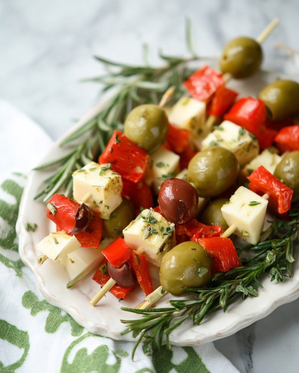 The image shows a white plate filled with small skewers, each with three layers: a green olive on top, a bright red small pepper in the middle, and a cube of pale yellow cheese at the bottom. The plate is garnished with sprigs of green herbs such as rosemary and parsley. The background is a white marbled texture, and a white cloth with a green pattern is placed near the plate. The colors are bright and fresh, with the red peppers contrasting sharply against the green olives and pale cheese photo taken with an iphone --ar 4:5 --v 7