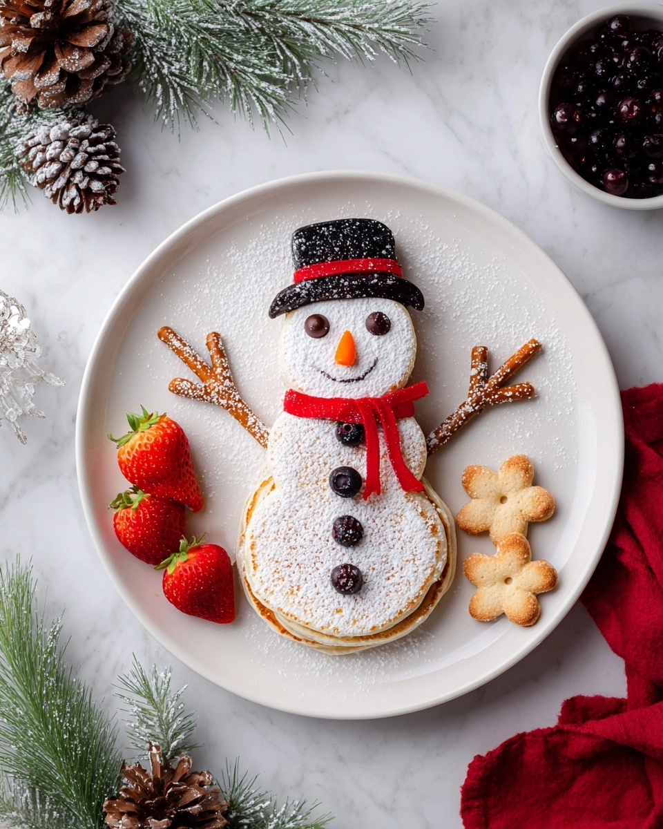 A white plate holds a snowman made from three stacked pancakes dusted with white powdered sugar. The top pancake forms the head with two small dark chocolate chips for eyes, an orange candy for the nose, and a black hat made of icing with a red ribbon detail. A red fruit strip scarf wraps around the neck area between the top and middle pancakes. Three dark berries are lined vertically on the middle and bottom pancakes as buttons. Pretzel sticks form the snowman’s arms, extending sideways from the middle pancake. Three bright red strawberries sit at the bottom left of the snowman. Three small golden brown flower-shaped cookies dusted with powdered sugar lay around the plate. The scene is set on a white marbled surface with pine cones and green pine needles dusted with powdered sugar in the upper left, a bowl of dark berries on the right, and a red cloth at the bottom right. Photo taken with an iphone --ar 4:5 --v 7