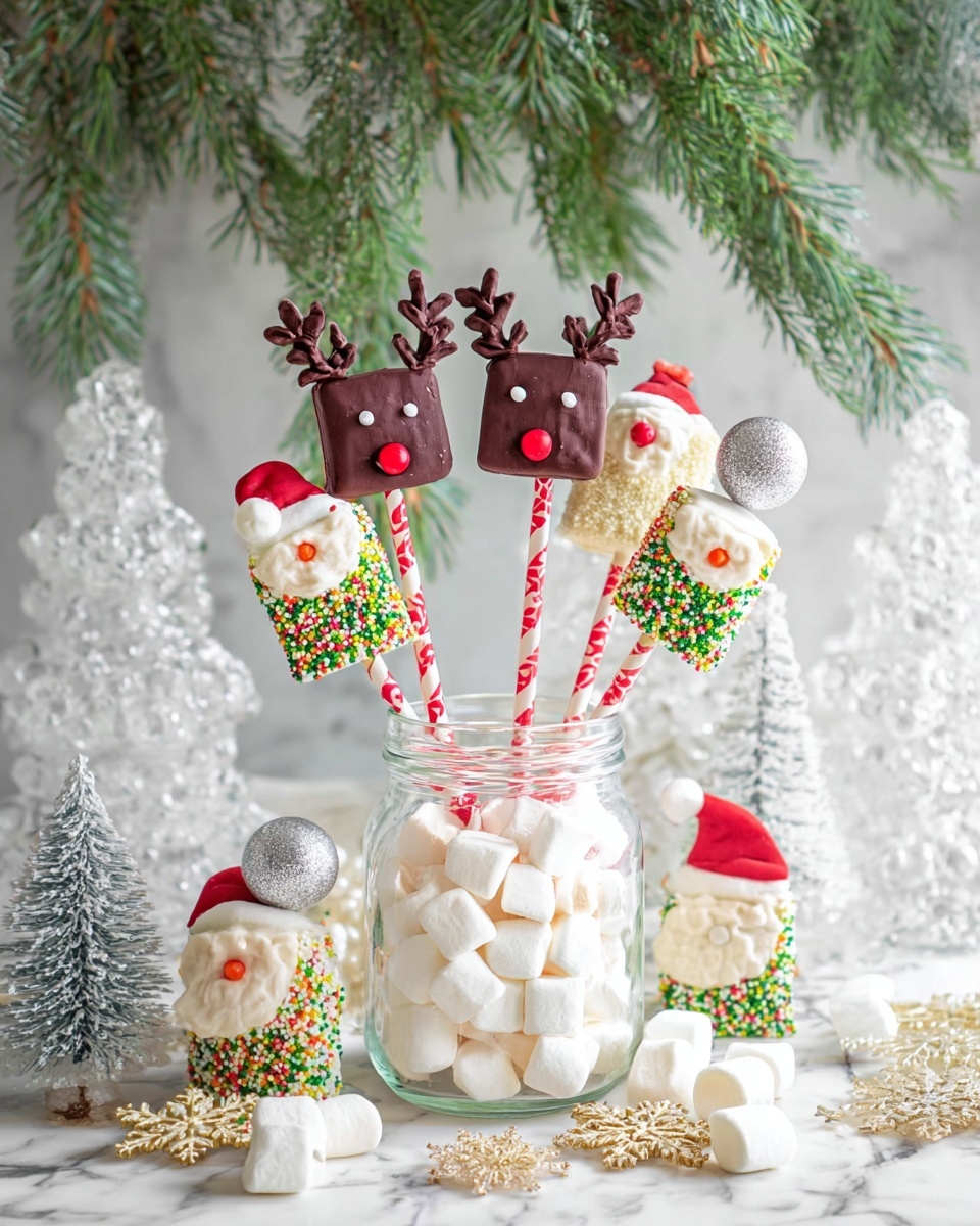 The image shows seven festive treats on sticks arranged around a clear glass jar filled with small white marshmallows and shiny silver ball decorations. Each treat is a decorated square, two layers thick, on a striped paper stick standing upright, with two treats shaped like reindeer heads in dark brown with red round noses, two treats shaped like Santa faces in creamy white with red hats and white sprinkles for beards, and one green treat covered in colorful round sprinkles. The sticks are mainly red and white striped, with one green and white striped. The jar and sticks rest on a white marbled surface with scattered mini marshmallows, gold snowflake decorations, small evergreen branches, and a soft white cloth in the background. Behind, clear ice-like decorative trees and pinecones stand in front of green fir branches. The whole scene feels bright and festive. Photo taken with an iphone --ar 4:5 --v 7