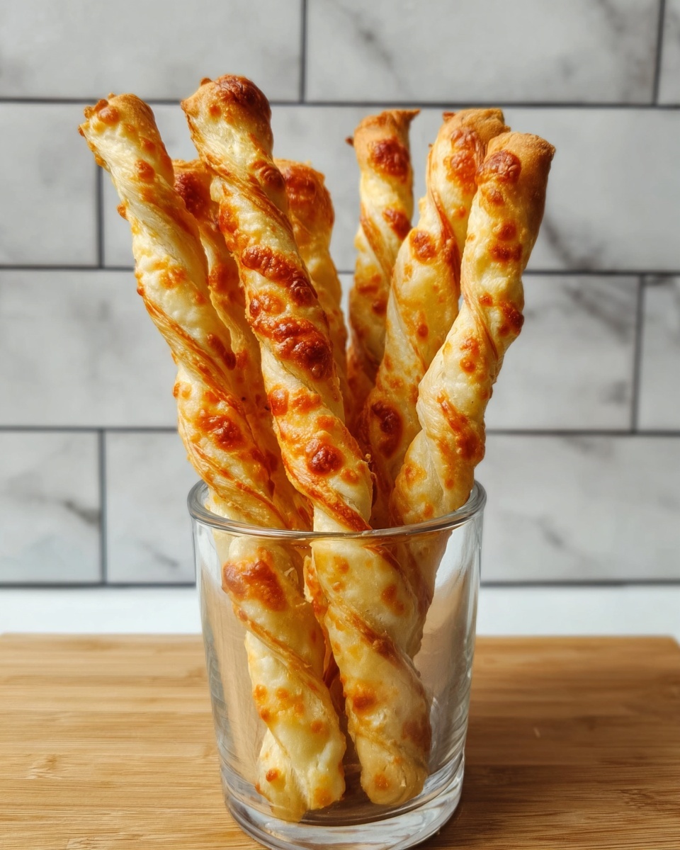 There are six twisted breadsticks in a clear glass cup placed on a wooden surface. The breadsticks have a golden brown color with visible baked cheese spots that give a slightly crispy texture. They are stacked close together, standing upright with some slight lean and uneven tops. The background is white tiles with black lines, and the surface is a white marbled texture. photo taken with an iphone --ar 4:5 --v 7