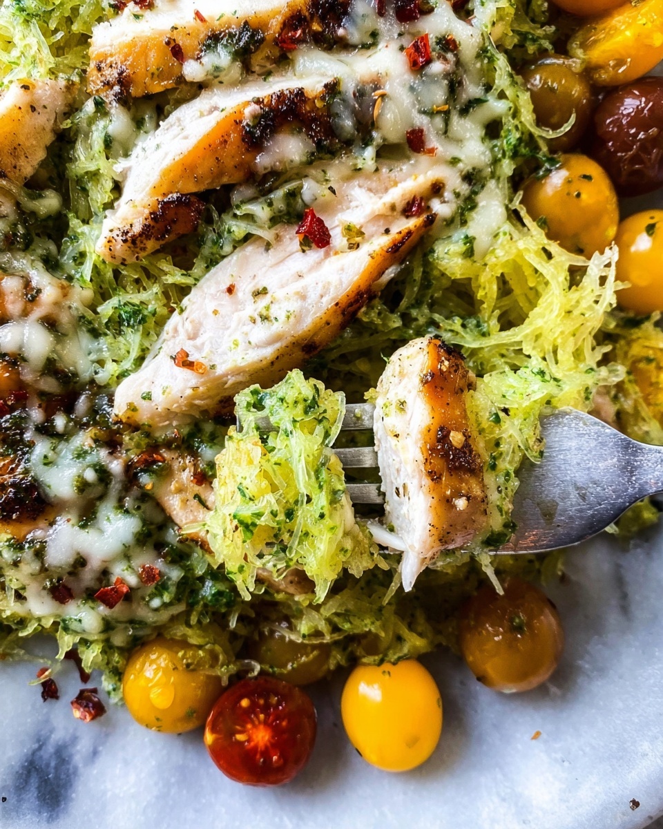 The image shows a close-up of a white plate with sliced grilled chicken pieces layered on top of a bed of green pesto-coated spaghetti squash strands, mixed with melted white cheese. The chicken is browned with light grill marks and scattered red chili flakes. The spaghetti squash has a textured, stringy look with vibrant green sauce throughout. Around the plate, there are colorful small cherry tomatoes in yellow, red, and brown tones, all placed on a white marbled surface. A silver fork picks up some of the spaghetti squash and chicken from the plate. Photo taken with an iphone --ar 4:5 --v 7