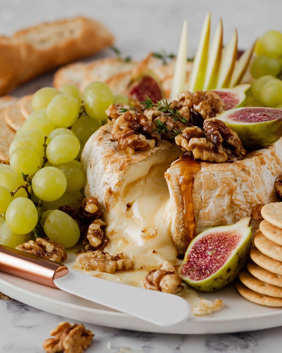The image shows a white plate with a baked cheese wheel at the center, with its golden brown crust slightly open and melting soft cheese flowing out. The top of the cheese is topped with walnuts and thick green fig slices with a pink inside. Around the cheese, there are light green grapes cluster and thin slices of light green pear standing upright. On the plate's edge, there are round, light beige crackers stacked and a small piece of crusty light brown bread. A knife with a white handle and rose gold collar rests on the plate, partly embedded in the melted cheese. The background is a white marbled texture. photo taken with an iphone --ar 4:5 --v 7