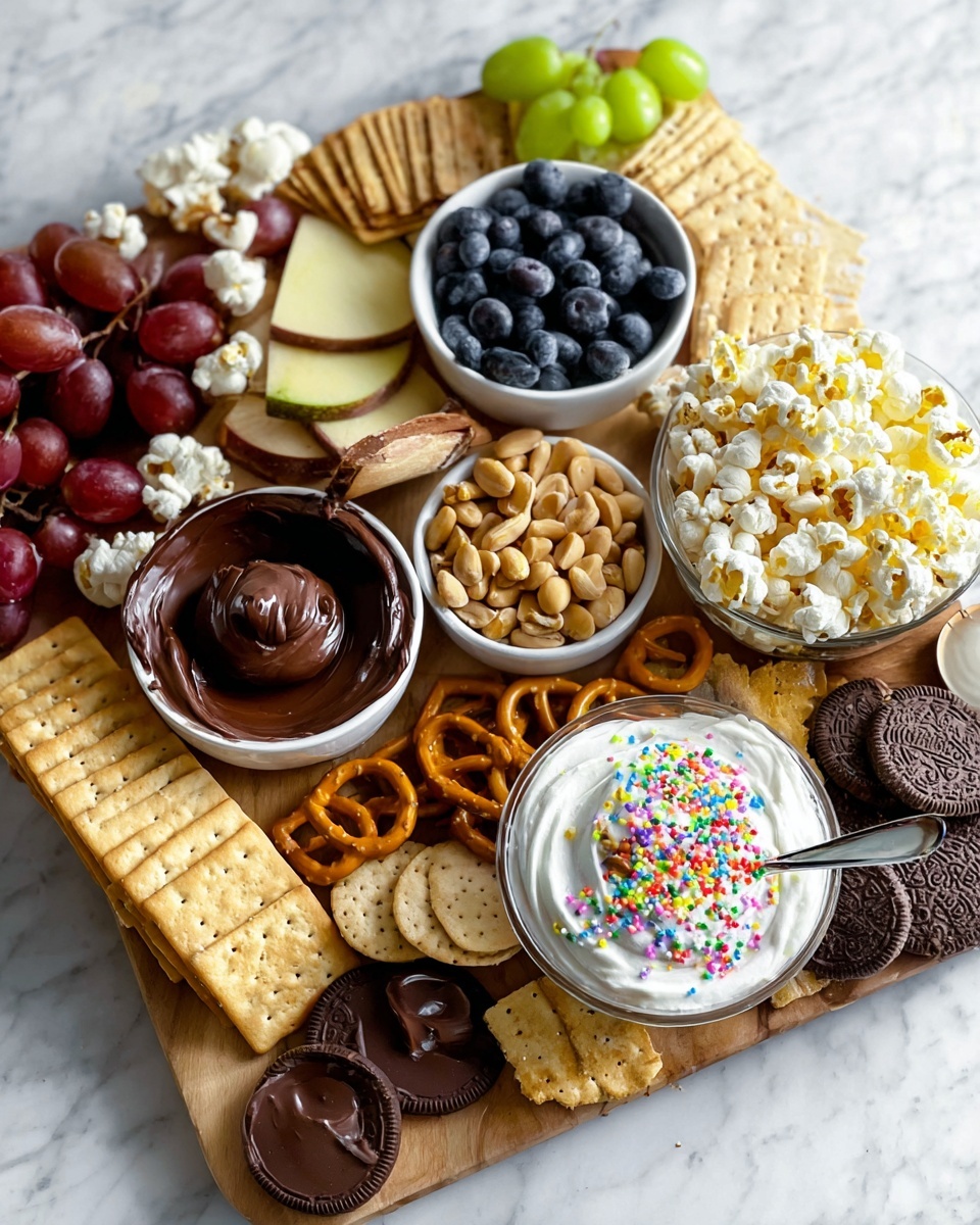 A wooden board on a white marbled surface holds a colorful snack spread with multiple layers and textures. In the front left are light brown rectangular crackers, and right next to them are small, golden pretzels and round vanilla wafers. Two white bowls sit among the snacks: one filled with smooth dark chocolate dip with three rectangular crackers dipped inside, and the other with fresh blueberries. Above the chocolate dip is a bowl with salted peanuts, and to the right of that is caramel popcorn scattered around. In the center right is a clear bowl of white creamy dip topped with colorful round sprinkles and a spoon resting inside. Surrounding the dips and bowls are red grapes, green apple slices, a few pieces of soft brie cheese, and chocolate-covered cookies. Photo taken with an iphone --ar 4:5 --v 7