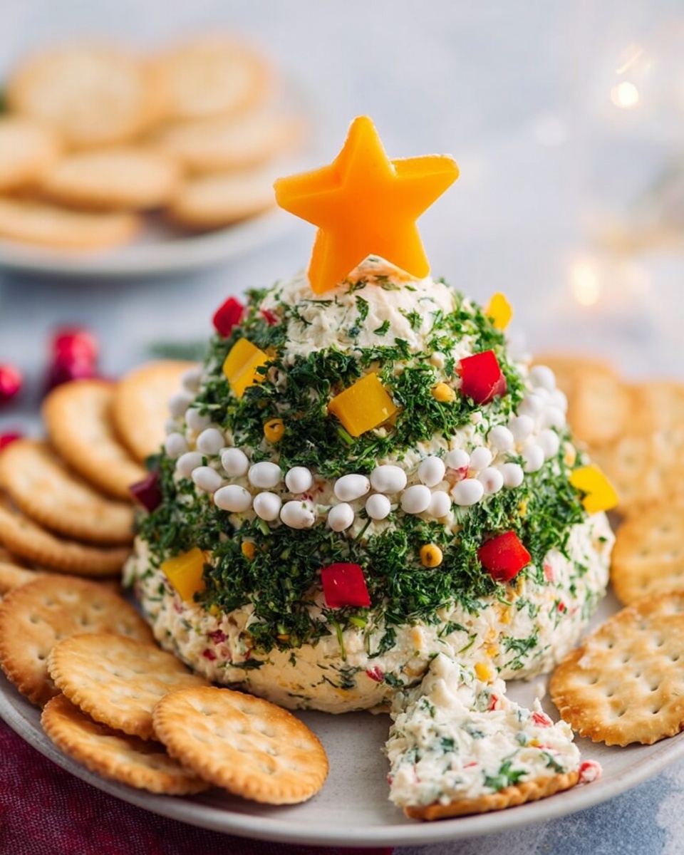 The image shows a Christmas tree shaped cheese ball on a white marbled surface, placed on a white plate. The cheese ball is covered with green chopped herbs to mimic tree leaves and decorated with small diced red and yellow bell peppers as ornaments. It is layered with creamy white cheese and has two strands of small white round beads wrapped around it to look like garlands. On top of the tree, a bright orange star made from a cheese slice serves as the tree topper. Around the plate, there are round and Christmas tree shaped light-colored crackers. The texture of the cheese ball looks soft and creamy with visible specks of herbs, and one cracker with cheese spread and vegetable bits sits close to the tree, partly cut with a knife. The photo is taken with an iphone --ar 4:5 --v 7