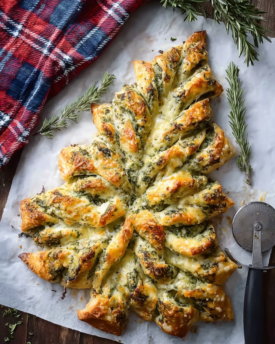 The image shows a star-shaped baked pastry with several twisted layers. Each layer alternates between a golden-brown dough and a green herb and cheese mixture, giving a marbled look. The dough is folded and twisted outward from the center, creating a textured, layered effect on a piece of white parchment paper on a dark wood surface. Two sprigs of fresh rosemary lie on either side of the pastry, and a pizza cutter is placed next to it. The upper part of the image includes a red, white, and blue plaid cloth. The overall look is warm and rustic. Photo taken with an iphone --ar 4:5 --v 7