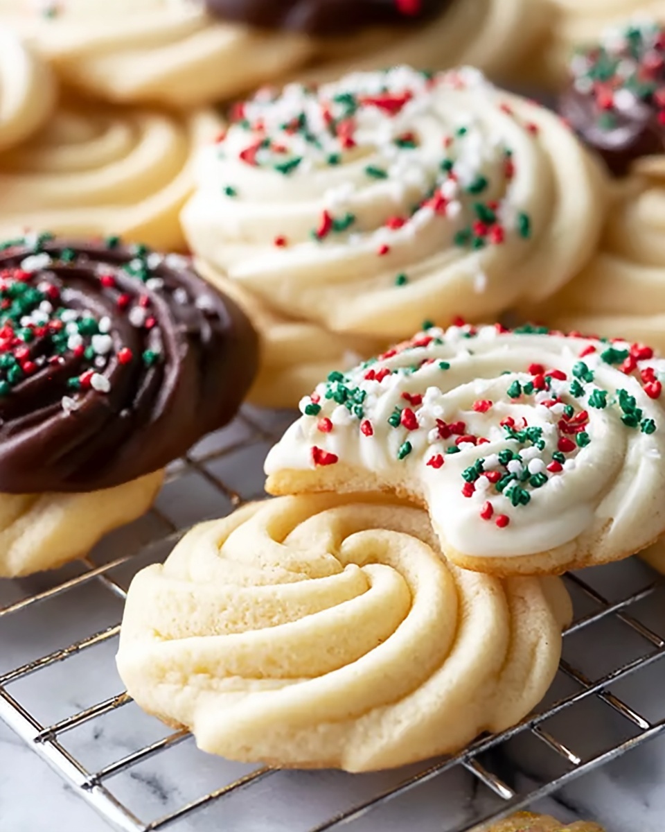 The image shows many round, light golden cookies with a spiral design, arranged closely on a wire rack. Some cookies are plain with a smooth texture, while others are dipped halfway into white or dark chocolate, decorated with small red, green, and white sprinkles shaped like snowflakes and dots, adding a festive touch. A red and green tartan cloth is slightly visible in the background, placed on a white marbled surface. The cookies are stacked on top of each other in a casual, inviting way. Photo taken with an iphone --ar 4:5 --v 7