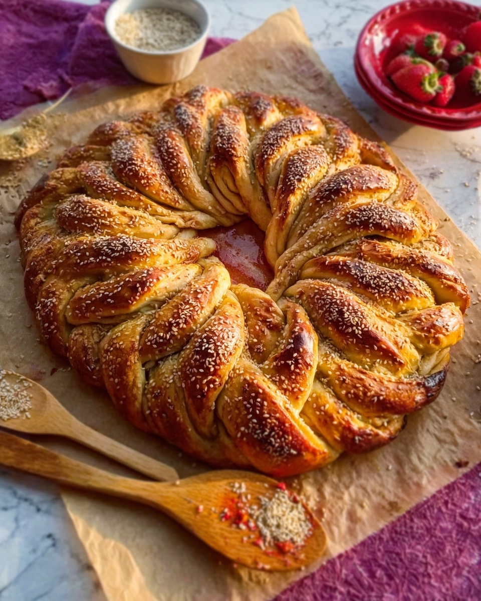 The image shows a beautiful twisted bread shaped like a sunburst with many layers of golden brown, flaky dough arranged in curved, twisted segments radiating from the center. The bread has a shiny, crispy crust with a sprinkle of sesame seeds on top for texture. It is placed on brown parchment paper on a white marbled surface, with a woman's hand holding a small white bowl filled with sesame seeds near the top left. In the background, there are purple and red kitchen items slightly out of focus. photo taken with an iphone --ar 4:5 --v 7