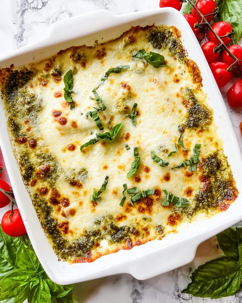 A white square baking dish filled with a layered baked dish, showing a top layer of melted cheese that is bubbly and browned in places, with patches of green pesto sauce visible around the edges. The cheese layer is smooth and creamy, with small fresh green basil leaves scattered on top. The dish sits on a white marbled surface, with fresh red cherry tomatoes and green basil leaves placed around it as decoration. Photo taken with an iphone --ar 4:5 --v 7
