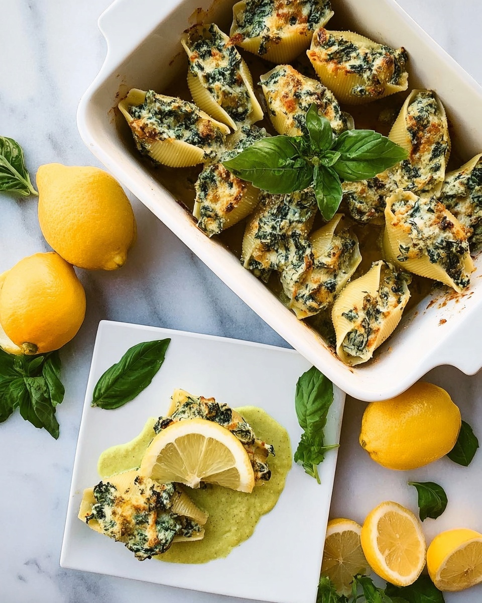 The image shows a white square plate with two pieces of baked food that look soft and creamy on top, covered in a green herb sauce mixed with bits of white cheese and small reddish-brown spots from baking. There is a fresh green leaf placed on the top piece for decoration. Underneath the food, a thin pale yellow lemon slice partly peeks out from the left side. The plate sits on a white marbled surface that contrasts with the bright colors of the dish and some fresh green leaves and lemon halves surround the plate on the edges. Photo taken with an iphone --ar 4:5 --v 7