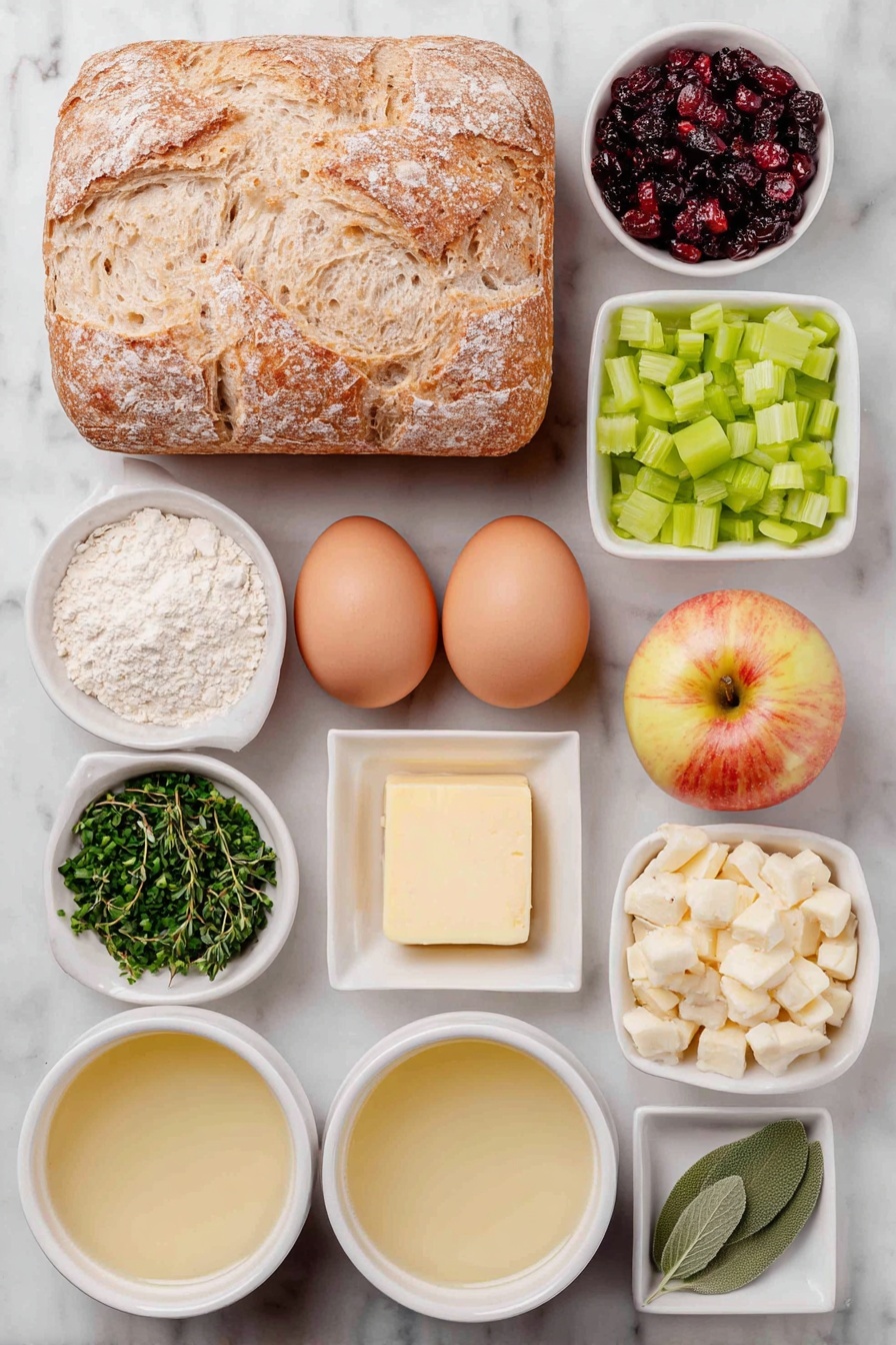 Flat lay of a small rustic loaf of artisan sourdough bread cut into cubes scattered loosely, a few bright green celery stalks diced finely, a small mound of diced yellow onion, two whole uncracked brown eggs with clean shells, a few Honeycrisp apples diced showing their red and yellow skin, a handful of glossy dried cranberries, a small pile of chopped flat leaf parsley, a small bunch of fresh thyme sprigs with tiny green leaves, a few fresh rosemary sprigs with needle-like leaves, a few fresh sage leaves finely chopped showing their soft texture, a small square pat of unsalted butter, and two small white ceramic bowls filled with pale golden chicken broth and diced butter respectively, all arranged symmetrically and naturally on a clean white marble surface, soft natural light, photo taken with an iPhone, professional food photography style, fresh ingredients, white ceramic bowls, no bottles, no duplicates, no utensils, no packaging --ar 2:3 --v 7 --p m7354615311229779997 - Cranberry Apple Stuffing, holiday stuffing recipes, cranberry stuffing recipe, apple stuffing side dish, festive stuffing ideas