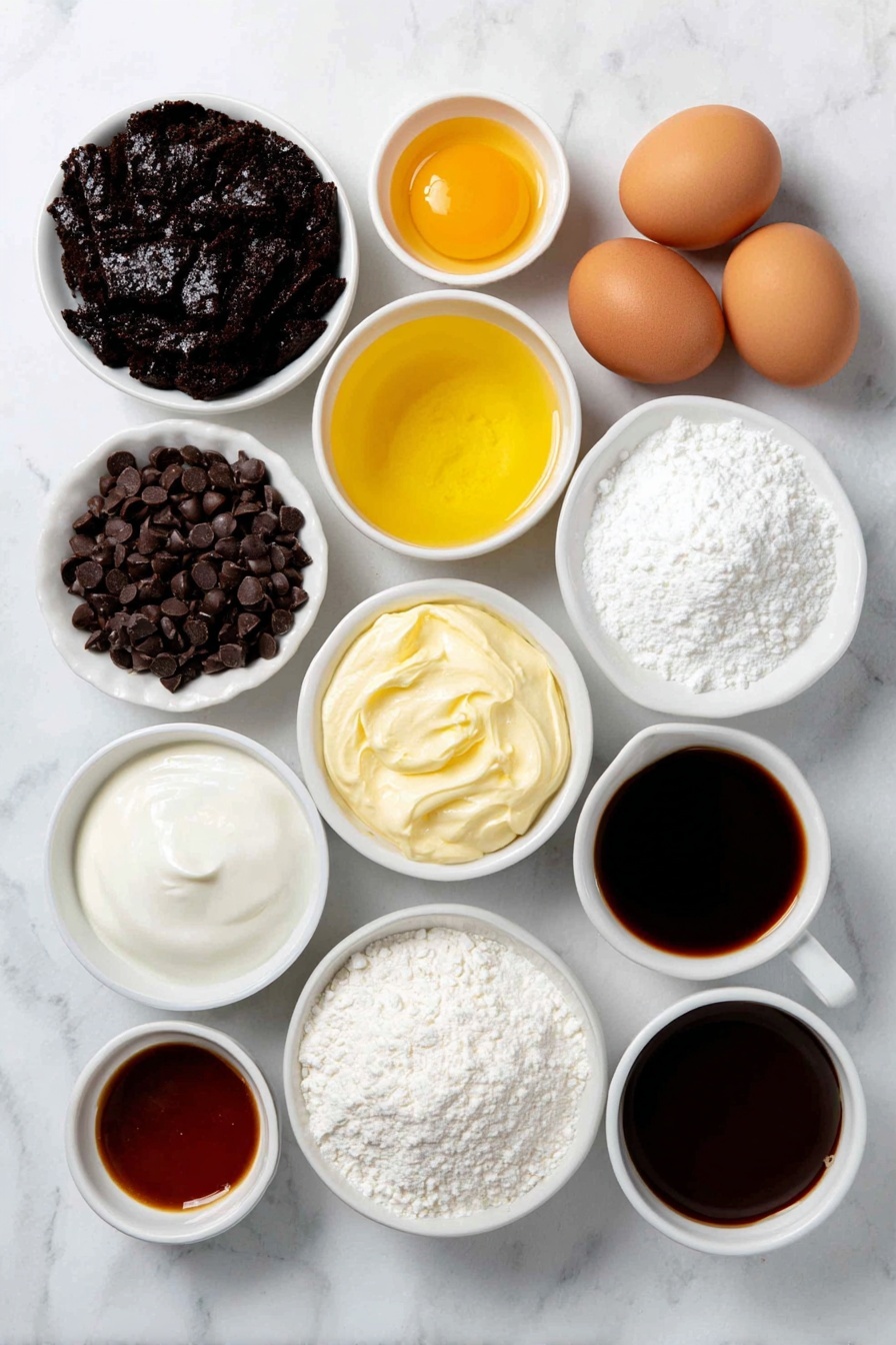 Flat lay of a small white ceramic bowl filled with crushed chocolate cookies, a small white ceramic bowl of smooth melted butter, a small white ceramic bowl holding glossy semi-sweet chocolate chips, a small white ceramic bowl containing rich dark espresso, a small white ceramic bowl with thick heavy cream, a small white ceramic bowl of fine powdered sugar, a small white ceramic bowl with creamy mascarpone cheese, a small white ceramic bowl with fine cornstarch, a small white ceramic bowl with golden coffee liqueur, two whole uncracked brown eggs, a small white ceramic bowl of unsweetened cocoa powder, a small white ceramic bowl with delicate chocolate shavings, and a small white ceramic bowl with mini chocolate chips — all ingredients fresh and natural, placed on a clean white marble surface, soft natural light, photo taken with an iPhone, professional food photography style, fresh ingredients, white ceramic bowls, no bottles, no duplicates, no utensils, no packaging --ar 2:3 --v 7 --p m7354615311229779997 - Tiramisu Cookie Cups, tiramisu dessert, no-bake tiramisu, coffee chocolate treat, mascarpone dessert
