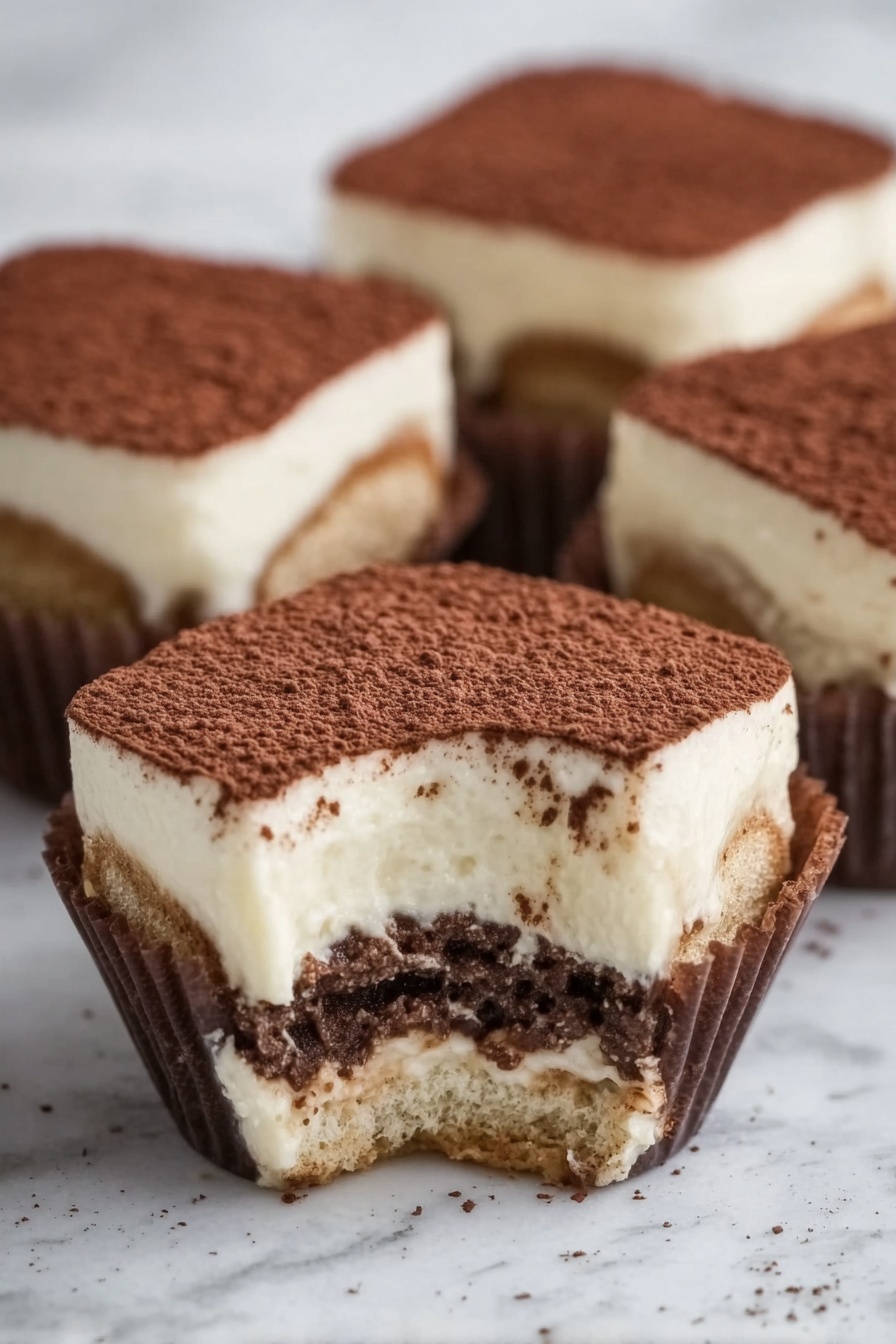 The image shows a close-up of four square tiramisu servings in brown paper cups. Each piece has three visible layers: a bottom layer of light brown sponge soaked in coffee, a thick middle layer of creamy white mascarpone cheese, and a light dusting of dark brown cocoa powder on top. One piece is slightly bitten, revealing the soft and moist texture of the layers inside. All servings sit on a white marbled surface. photo taken with an iphone --ar 2:3 --v 7 - Tiramisu Cookie Cups, tiramisu dessert, no-bake tiramisu, coffee chocolate treat, mascarpone dessert