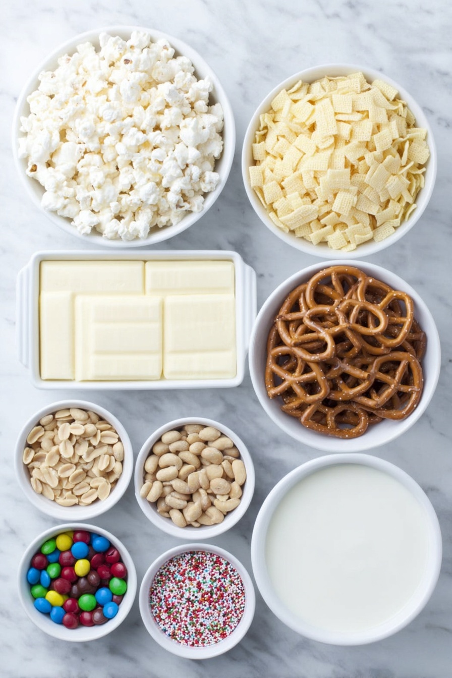 Flat lay of a small white ceramic bowl filled with fluffy Rice Chex cereal, another bowl with crunchy Corn Chex cereal, a third white bowl holding round Cheerios cereal, a white ceramic dish with twisted gluten-free pretzels, a small white bowl of salted peanuts, a white bowl containing red and green milk chocolate M&M candies, a larger white bowl with smooth white vanilla almond bark candy melts, and a tiny white bowl of festive red and green nonpareil sprinkles, all arranged in perfect symmetry and balanced proportions, placed on a clean white marble surface, soft natural light, photo taken with an iPhone, professional food photography style, fresh ingredients, white ceramic bowls, no bottles, no duplicates, no utensils, no packaging --ar 2:3 --v 7 --p m7354615311229779997 - Gluten-Free Christmas Chex Mix, Christmas Chex Mix, Gluten-Free Holiday Snacks, Festive Chex Mix, Holiday Snack Recipes