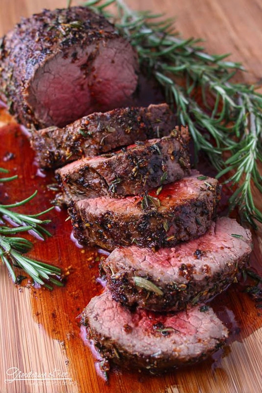 The image shows a wooden cutting board with a piece of cooked beef roast, sliced into six thick pieces. The outer edges of the beef are dark brown and seasoned with herbs, while the inside is a bright pinkish-red color, indicating it is cooked medium rare. The beef is surrounded by fresh sprigs of rosemary, and there is a pool of reddish-brown juices around the meat, adding shine and moisture to the scene. The cutting board has a warm, natural wood grain texture that contrasts with the vibrant meat and green herbs. photo taken with an iphone --ar 2:3 --v 7 - Oven-Roasted Beef Tenderloin with Garlic Butter, beef tenderloin dinner ideas, elegant beef recipes, juicy roasted beef, garlic butter beef main dish