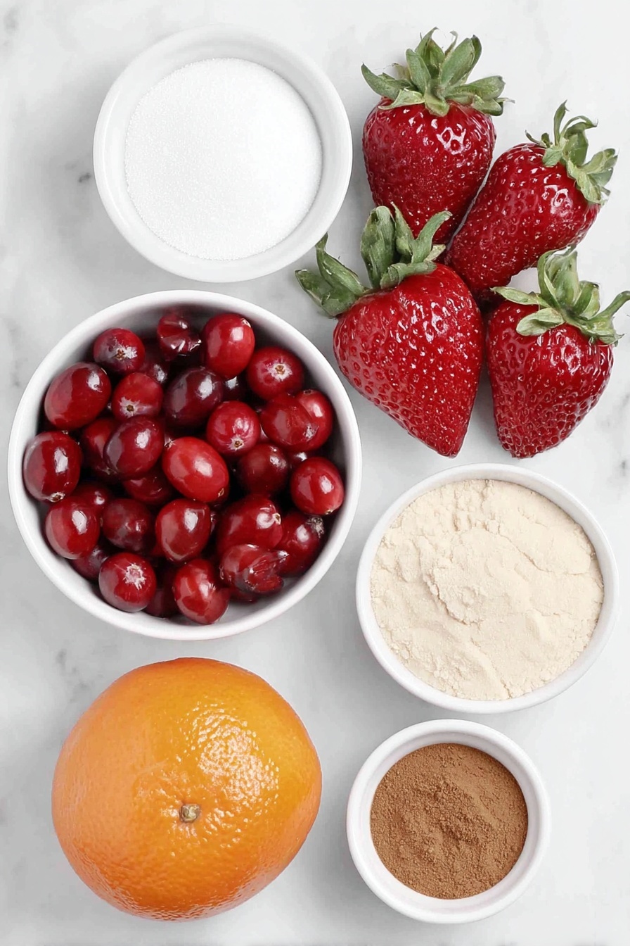 Flat lay of fresh bright red cranberries scattered in a small pile, ripe whole strawberries with green leaves attached, a small white ceramic bowl filled with fine white granulated sugar, another small white ceramic bowl with soft light brown sugar, a small white ceramic bowl containing warm reddish-brown ground allspice powder, a small white ceramic bowl with medium brown ground cinnamon powder, a small white ceramic bowl holding pale beige ground ginger powder, and one whole fresh orange displaying bright orange skin alongside a few thin orange zest strips artistically arranged, all placed on a clean white marble surface, soft natural light, photo taken with an iPhone, professional food photography style, fresh ingredients, white ceramic bowls, no bottles, no duplicates, no utensils, no packaging --ar 2:3 --v 7 --p m7354615311229779997 - Crockpot Cranberry Strawberry Christmas Jam, holiday cranberry strawberry jam, easy festive fruit spread, slow cooker holiday recipes, Christmas jam for gifting
