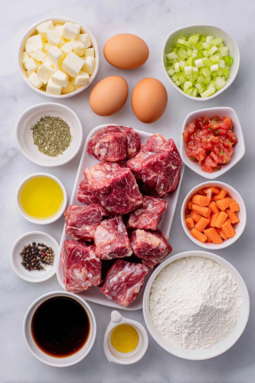 Flat lay of raw venison stew meat chunks, a small white bowl of all-purpose flour, two whole brown eggs with clean shells, a small white bowl of coarse salt, a small white bowl of black peppercorns, a small white bowl of golden avocado oil, quartered baby gold potatoes, diced large orange carrots, diced green celery stalks, diced white onion, whole garlic cloves unpeeled, a small white bowl of mixed dried Herbs de Provence, drained diced fresh red tomatoes in a small white bowl, a small white bowl of rich brown beef broth, a small white bowl of deep red dry red wine, a small white bowl of dark Worcestershire sauce, a small white bowl of fine white cornstarch placed on a clean white marble surface, soft natural light, photo taken with an iPhone, professional food photography style, fresh ingredients, white ceramic bowls, no bottles, no duplicates, no utensils, no packaging --ar 2:3 --v 7 --p m7354615311229779997 - Slow Cooker Venison Stew, venison stew recipe, hearty slow cooker dinner, easy venison stew, comforting venison meal