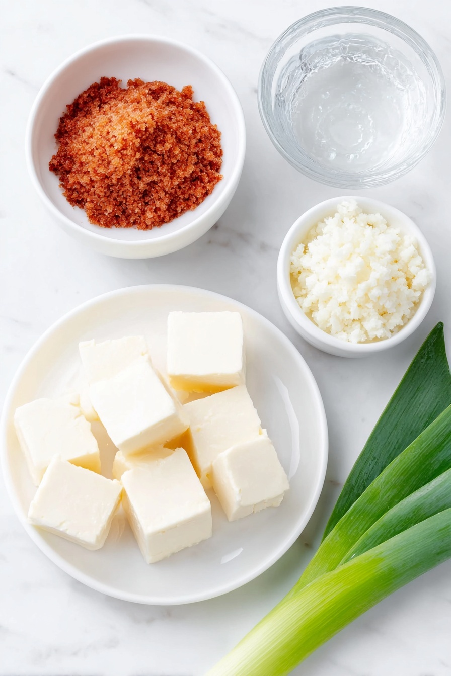 Flat lay of a small mound of granulated hondashi powder, a small white bowl filled with dry wakame seaweed pieces, a simple white ceramic plate with neatly cut small cubes of fresh tofu, a small white bowl holding smooth reddish-brown miso paste, a single bright green scallion stalk with thin slices fanned out beside it, and a small white bowl of clear water droplets representing the 4 cups water, all arranged symmetrically and balanced, placed on a clean white marble surface, soft natural light, photo taken with an iPhone, professional food photography style, fresh ingredients, white ceramic bowls, no bottles, no duplicates, no utensils, no packaging --ar 2:3 --v 7 --p m7354615311229779997 - Easy Miso Soup with Tofu and Wakame, miso soup recipe, vegetarian miso soup, quick Asian soup, healthy tofu soup