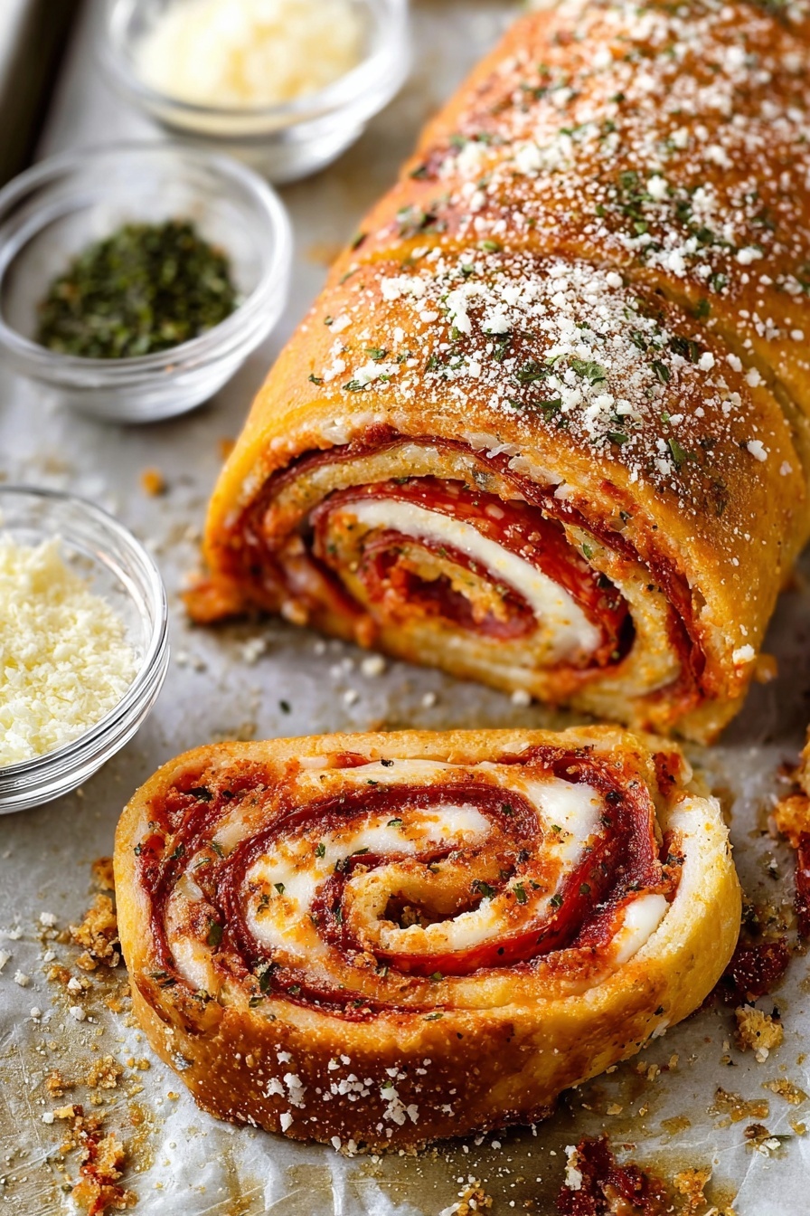 The image shows a sliced, golden-brown roll with a crispy outer layer sprinkled with white grated cheese and green herbs. Inside, there are multiple thin layers of melted white cheese and dark red pepperoni stacked tightly in a spiral pattern. The roll and slices rest on a baking sheet with a white marbled texture underneath, and small clear bowls of grated cheese and green herbs are visible to the side. The roll has a shiny, slightly oily surface with some darker baked spots near the edges. photo taken with an iphone --ar 2:3 --v 7 - Cheese and Pepperoni Roll-Ups, pizza-inspired snack, easy appetizer recipes, cheesy pepperoni bites, quick party finger foods