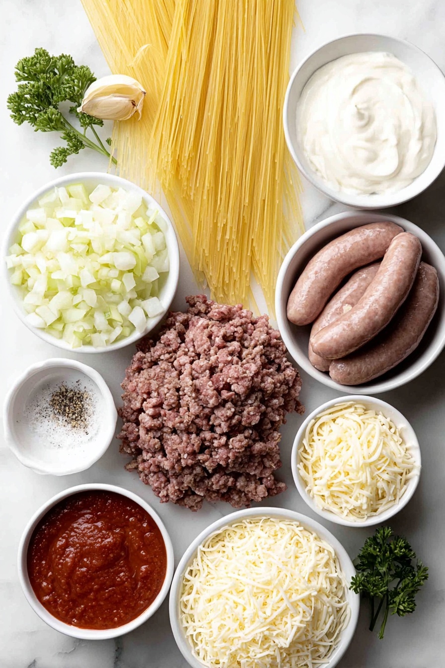 Flat lay of a bundle of dry angel hair pasta, a small mound of ground raw beef, several links of raw hot Italian sausage, half a diced white onion, half a diced green bell pepper, ten peeled garlic cloves, a stick of unsalted butter, a small white bowl of heavy cream, a small white bowl of freshly grated parmesan cheese, a small white bowl with a dollop of cream cheese, a small white bowl of shredded mozzarella cheese, a small white bowl of shredded fontina cheese, a small white bowl of shredded provolone cheese, a small white bowl of bright red marinara sauce, a small white bowl of Italian seasoning, a small white bowl of coarse salt, a small white bowl of freshly cracked black pepper, and a few fresh parsley sprigs, arranged with perfect symmetry and balanced proportions, placed on a clean white marble surface, soft natural light, photo taken with an iPhone, professional food photography style, fresh ingredients, white ceramic bowls, no bottles, no duplicates, no utensils, no packaging --ar 2:3 --v 7 --p m7354615311229779997 - Tik Tok Million Dollar Spaghetti Bake, cheesy casserole, easy pasta bake, creamy meat pasta, family favorite spaghetti casserole