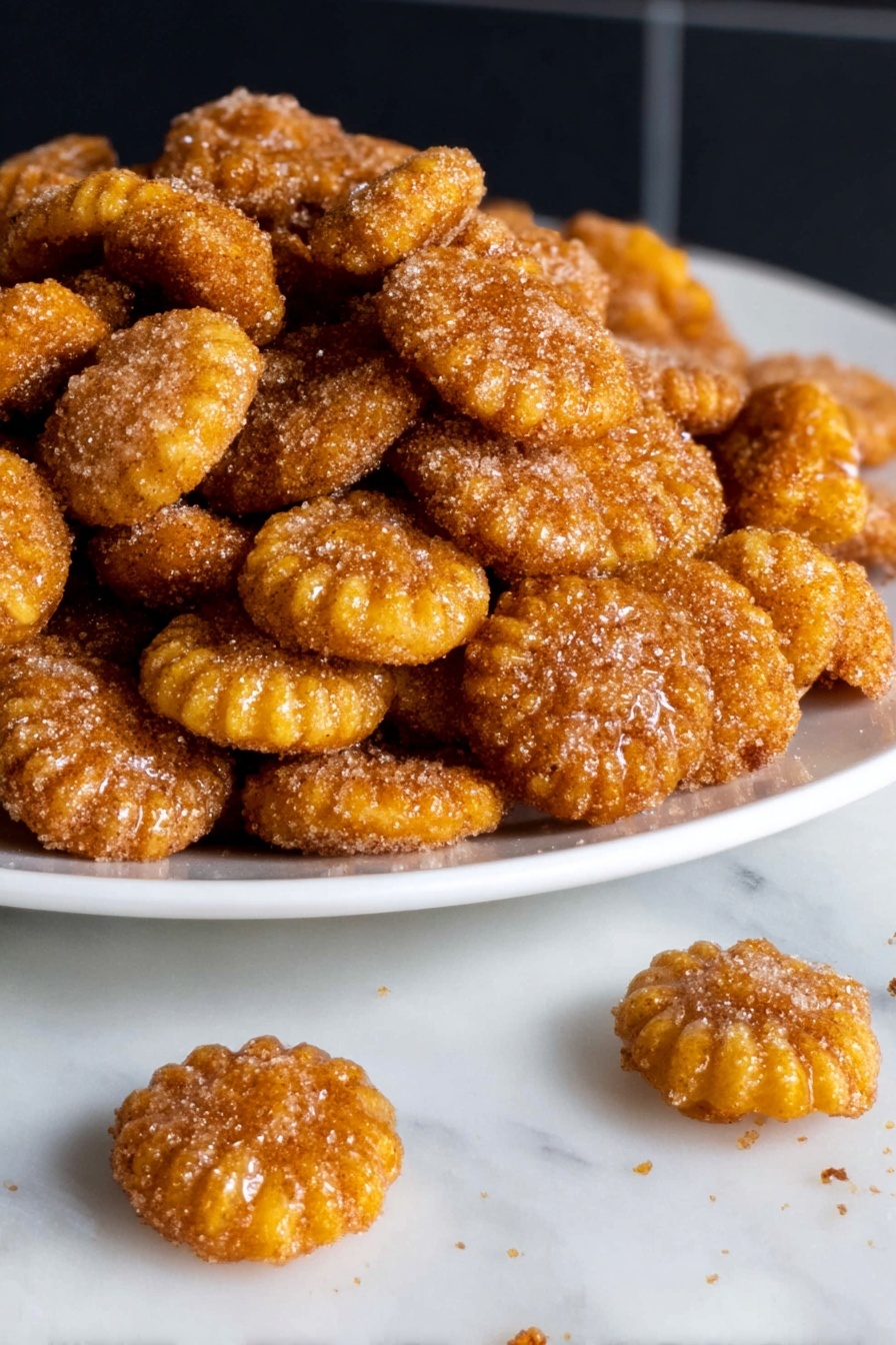 The image shows a white plate filled with many small, round snack pieces that are golden brown in color and covered with a rough texture of sugar and cinnamon coating. Some snack pieces are placed in front of the plate, lying on a white marble surface. The snack pieces have ridged edges and a shiny, slightly crunchy look with the sugar crystals clearly visible on the surface. The background is dark with a subtle tiled pattern. Photo taken with an iphone --ar 2:3 --v 7 - Oyster Cracker Toffee Snack Mix, sweet and spicy snack mix, easy to make party snack, crunchy toffee treat, homemade snack mix recipe