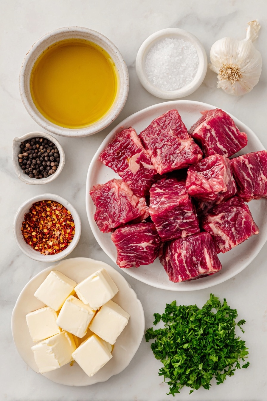 Flat lay of a small white ceramic bowl with golden olive oil, several raw sirloin steak bites with deep red marbling, coarse salt crystals scattered beside a small white bowl holding black peppercorns, two small cubes of pale unsalted butter on a white plate, a few fresh garlic cloves and a small pile of minced garlic next to a small white bowl filled with bright red crushed red pepper flakes, and a small bunch of vibrant green chopped parsley on a white ceramic dish, all arranged in perfect symmetry and realistic proportions, placed on a clean white marble surface, soft natural light, photo taken with an iPhone, professional food photography style, fresh ingredients, white ceramic bowls, no bottles, no duplicates, no utensils, no packaging --ar 2:3 --v 7 --p m7354615311229779997 - Garlic Butter Steak Bites, garlic butter steak recipe, easy steak bites, juicy steak appetizers, quick steak dinner
