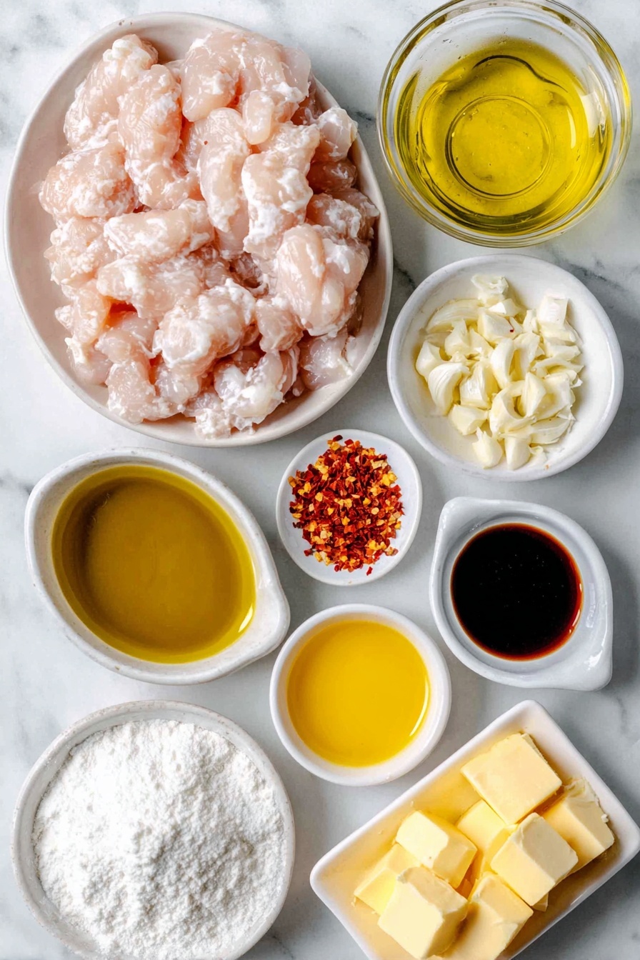 Flat lay of fresh bite-sized raw chicken breast pieces, a small white ceramic bowl of fine corn starch powder, a few red pepper flakes scattered neatly, a small white ceramic bowl with crushed garlic cloves, a clean white ceramic bowl holding golden olive oil, a small white ceramic bowl filled with thick amber honey, a small white ceramic bowl with bright yellow lemon juice, a small white ceramic bowl containing dark soy sauce, a small white ceramic bowl with vivid red hot sauce, a few small cubes of pale yellow butter placed naturally, all arranged with perfect symmetry and balanced proportions, placed on a clean white marble surface, soft natural light, photo taken with an iPhone, professional food photography style, fresh ingredients, white ceramic bowls, no bottles, no duplicates, no utensils, no packaging --ar 2:3 --v 7 --p m7354615311229779997 - Honey Garlic Chicken Bites, Honey Garlic Chicken, Easy Chicken Bites, Quick Chicken Recipes, Sticky Garlic Chicken