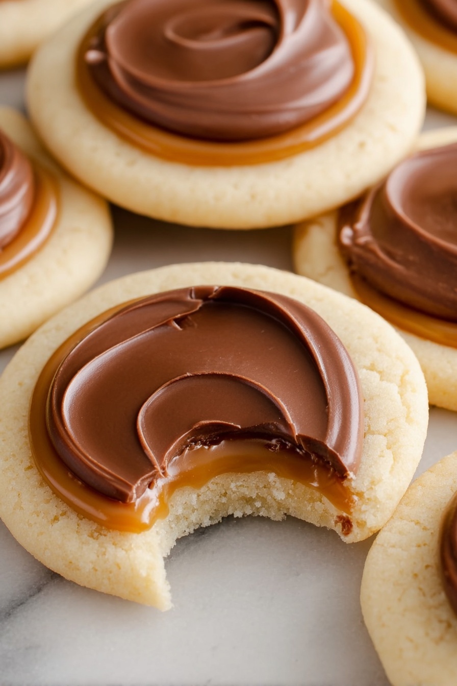 The image shows round cookies with three visible layers: a pale, smooth base layer forming the cookie, a middle layer of glossy caramel spread evenly in a ring shape just inside the cookie's edge, and a top layer of thick, swirled milk chocolate spread in a circular shape that sits in the middle of the caramel. One cookie has a bite taken out of it, revealing the soft, slightly crumbly texture of the base. The cookies are placed on a white marbled surface. photo taken with an iphone --ar 2:3 --v 7 - Twix Cookie Cups, Twix Cookie Cups recipe, easy Twix cookie cups, chocolate caramel cookie cups, party dessert Twix cookie cups