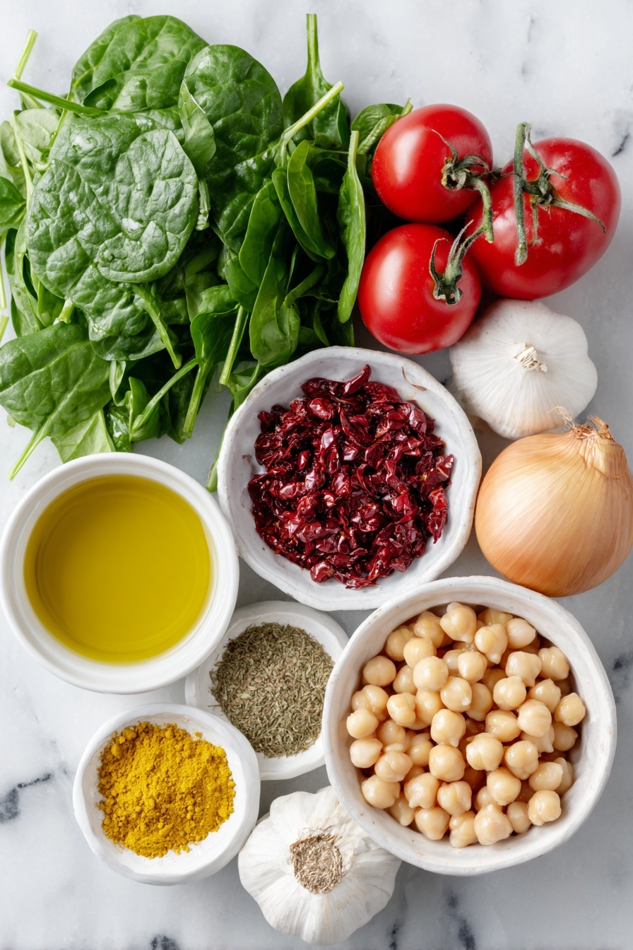 Flat lay of a small white ceramic bowl of golden olive oil, a small white ceramic bowl of vibrant crushed red pepper flakes, a whole small yellow onion with papery skin intact, two whole uncracked garlic bulbs, two ripe medium red tomatoes, a small white ceramic bowl filled with smooth beige chickpeas, a small white ceramic bowl of ground cumin powder, a small white ceramic bowl of dried oregano leaves, a small white ceramic bowl of bright yellow turmeric powder, and a generous bunch of fresh dark green spinach leaves arranged with balance and symmetry, placed on a clean white marble surface, soft natural light, photo taken with an iPhone, professional food photography style, fresh ingredients, white ceramic bowls, no bottles, no duplicates, no utensils, no packaging --ar 2:3 --v 7 --p m7354615311229779997 - Spicy Chickpeas with Spinach and Tomatoes, healthy plant-based meal, quick vegetarian dinner, flavorful chickpea recipe, hearty vegetable dish