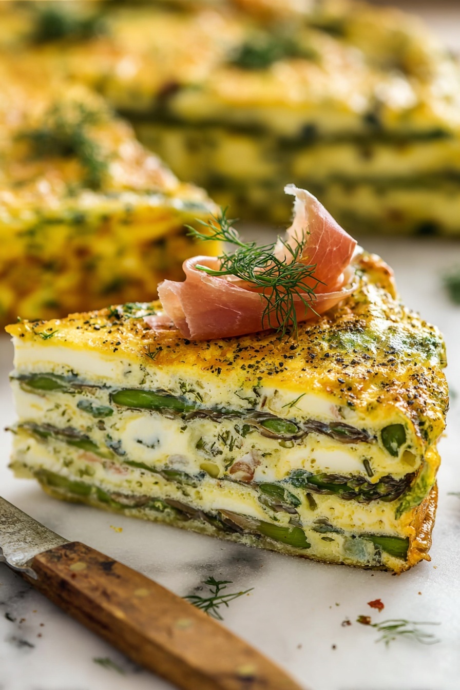 A thick slice of frittata sits on a white marbled surface showing five distinct layers of cooked egg mixed with green herbs and asparagus spears running horizontally inside. The top layer is golden with a rough texture sprinkled with seasoning and small green herbs then garnished with a small bunch of fresh dill and a thin curled slice of pink prosciutto. The background shows other blurred slices of the same frittata. A knife with a wooden handle lies in front of the slice. Photo taken with an iphone --ar 2:3 --v 7 - Asparagus Frittata with Ricotta, asparagus frittata, ricotta egg bake, spring brunch recipes, easy savory breakfast